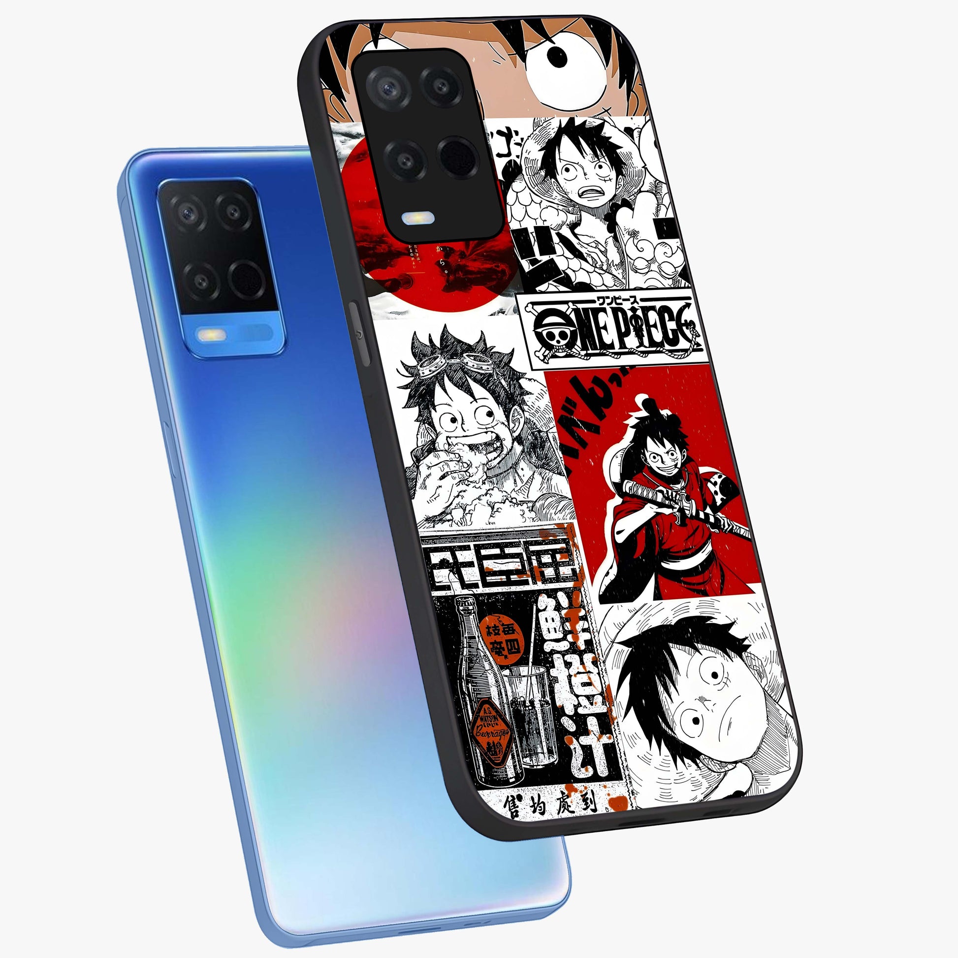 Strawhat Chaos Panels Glass Case displayed in angled mockup highlighting vibrant anime collage design with action aesthetic.
