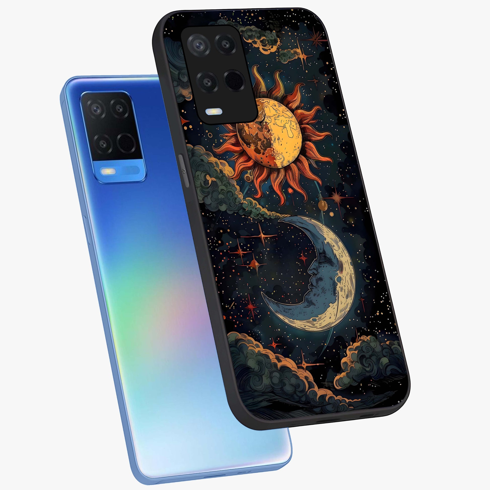 Sun And Moon Magic Design Glass Case displayed in angled mockup highlighting celestial design with magical cosmic aesthetic.