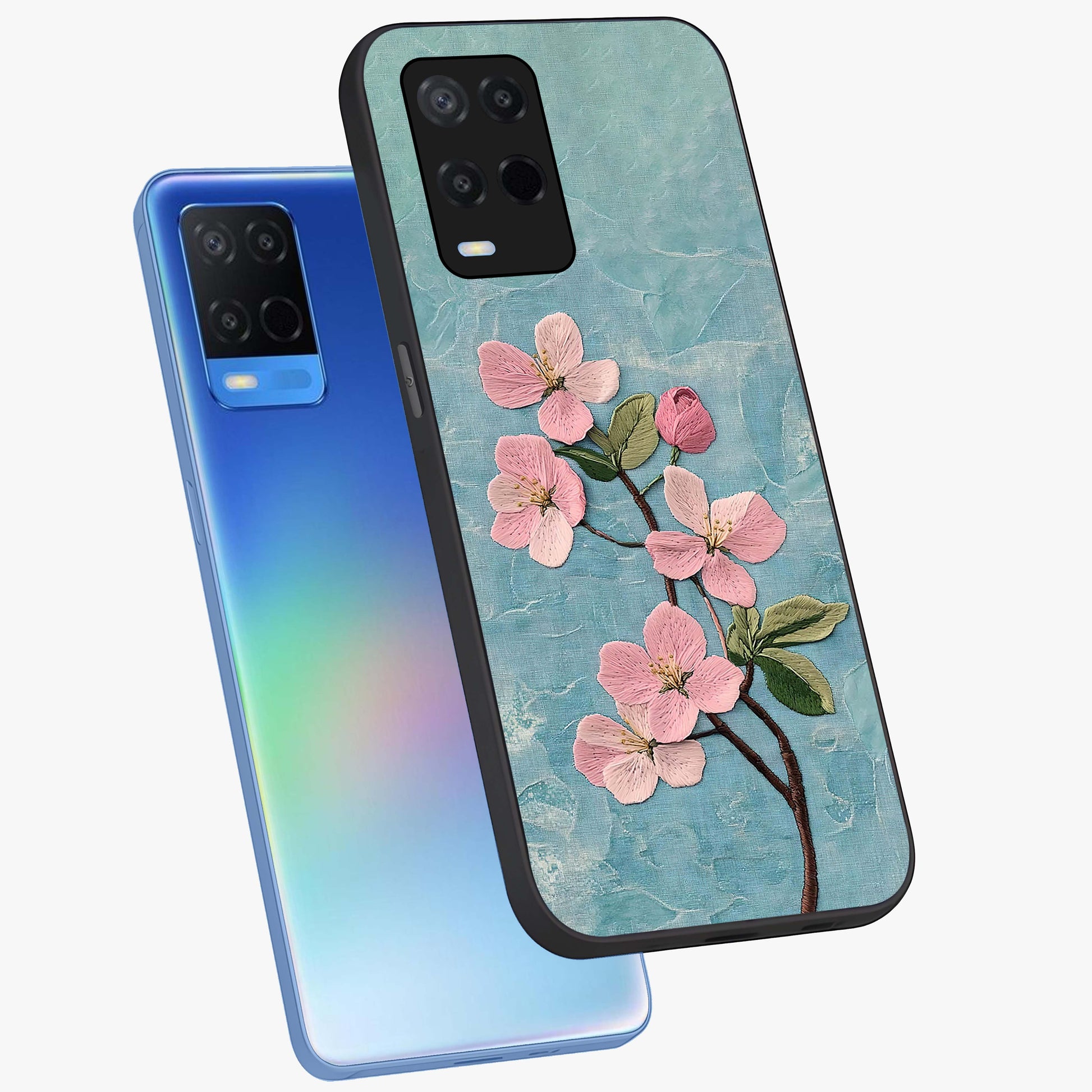 Threaded Blossom Breeze Glass Case displayed in angled mockup highlighting elegant floral design with soft aesthetic style.