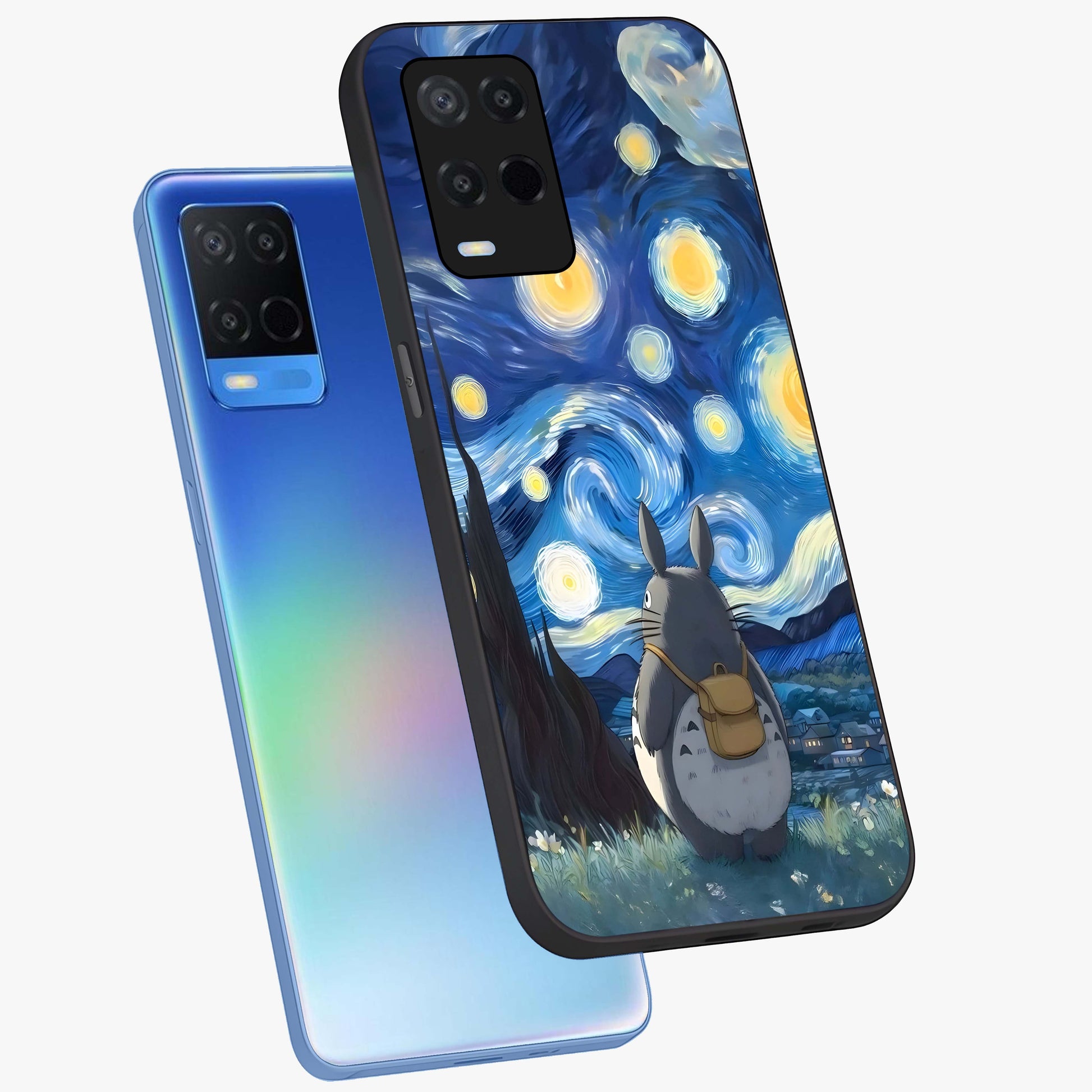 Totoro In Van Gogh Art Glass Case displayed in angled mockup highlighting artistic swirling sky design with playful animation aesthetic.