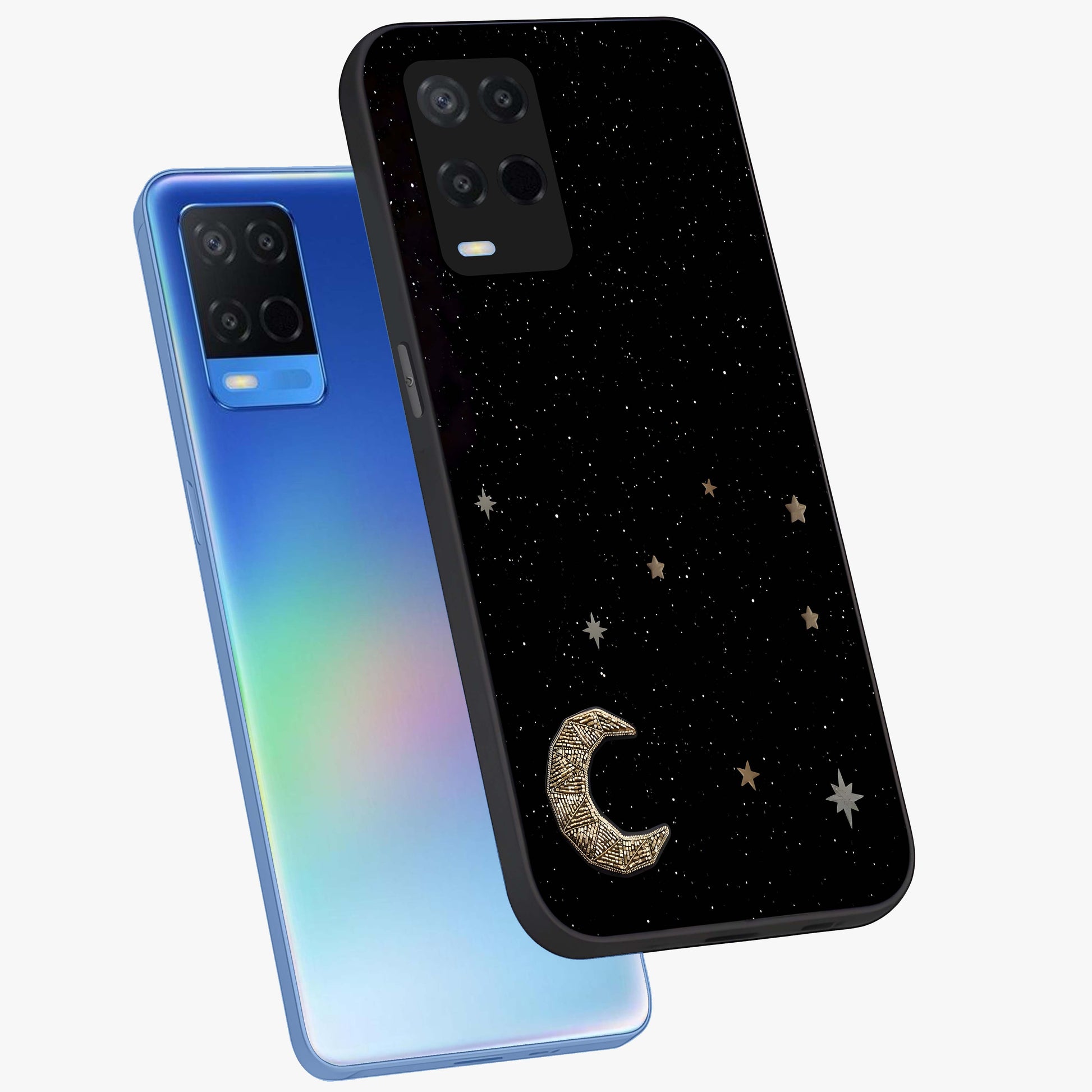 Twinkle Star With Half Moon Glass Case displayed in angled mockup highlighting celestial moon and star design with magical aesthetic.