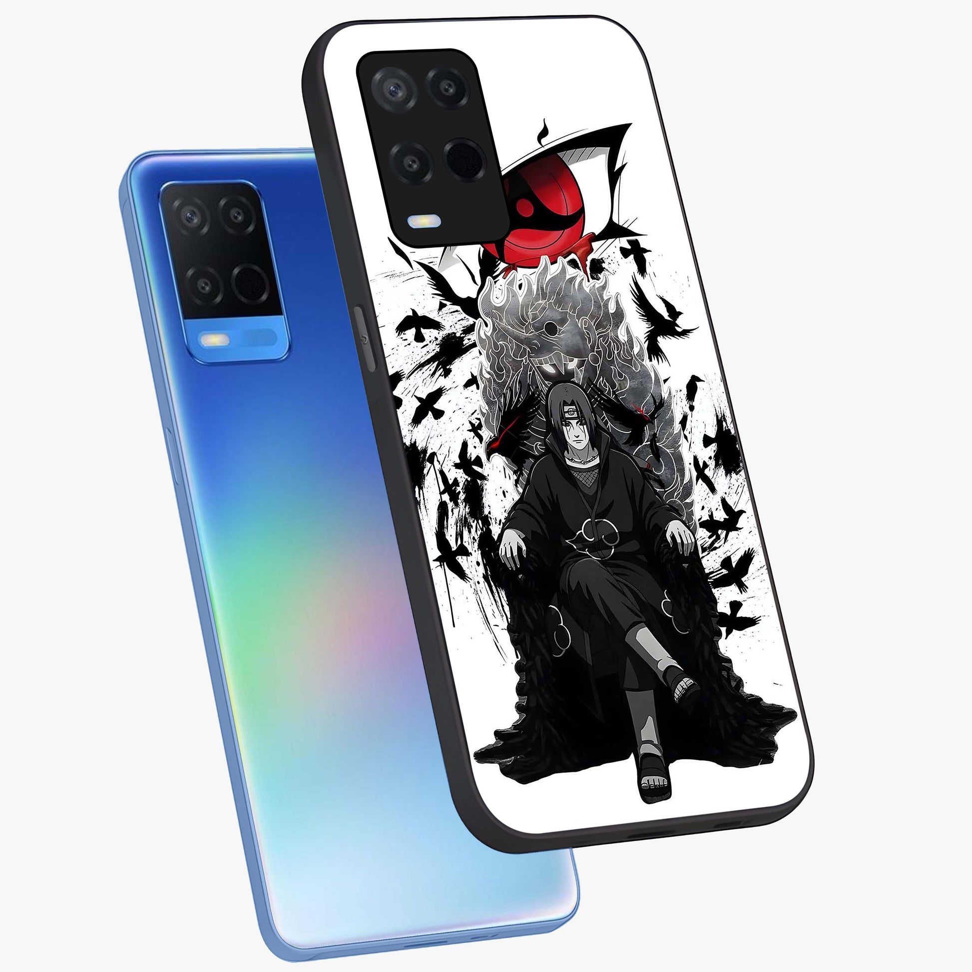 Uchiha Shadow Throne Glass Case displayed in angled mockup highlighting glowing aquatic design with celestial aesthetic.