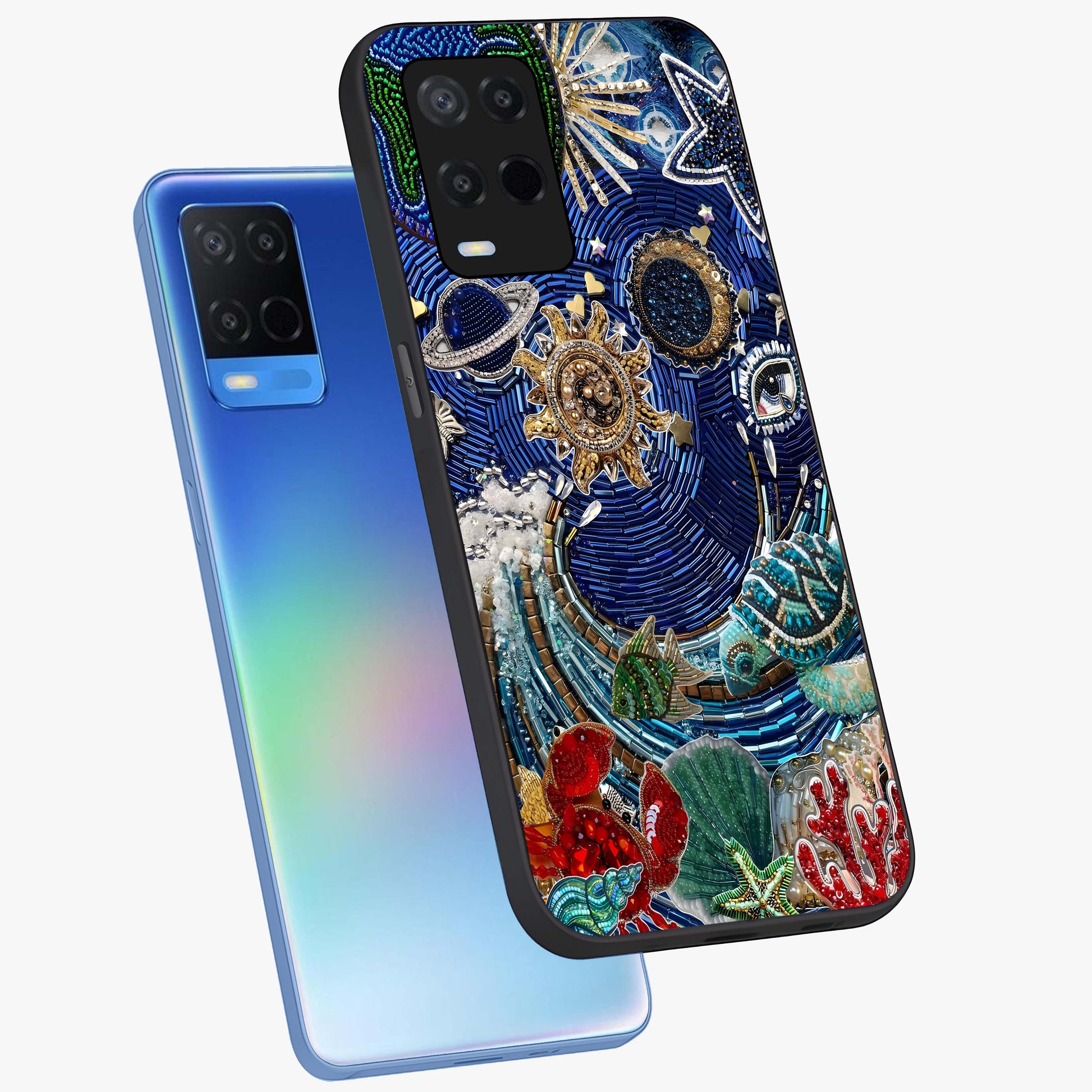 Universe Underwater Spark Glass Case displayed in angled mockup highlighting glowing aquatic design with celestial aesthetic.