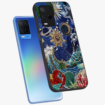 Universe Underwater Spark Glass Case displayed in angled mockup highlighting glowing aquatic design with celestial aesthetic.