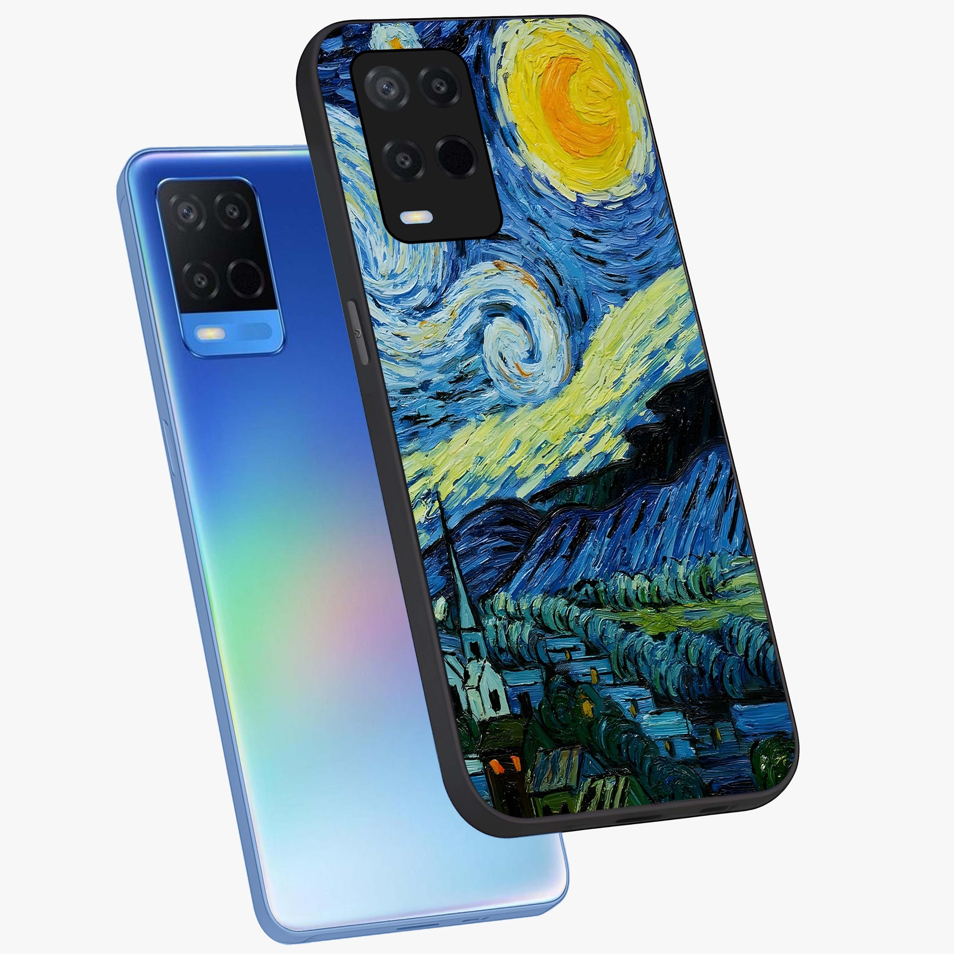 Van Gogh Art Glass Case displayed in angled mockup highlighting swirling brushstroke design with artistic aesthetic.