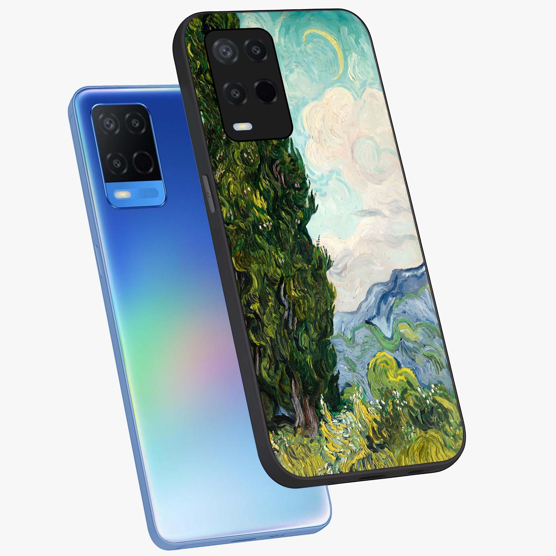 Van Gogh Vintage Art Glass Case displayed in angled mockup highlighting textured brushstroke design with classic aesthetic.