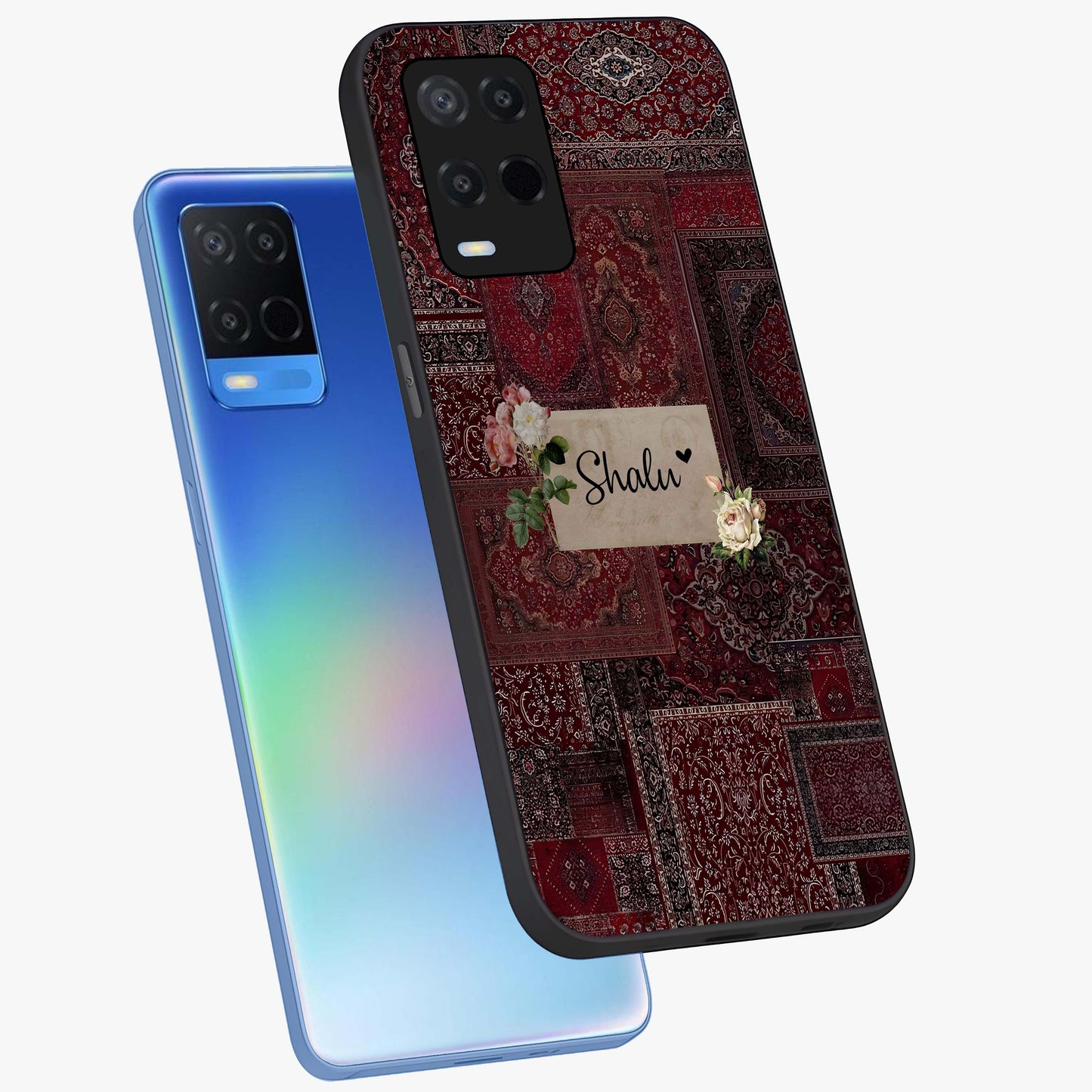 Velvet Wine Pattern Custom Name Glass Case displayed in angled mockup highlighting decorative velvet inspired design with custom name feature.