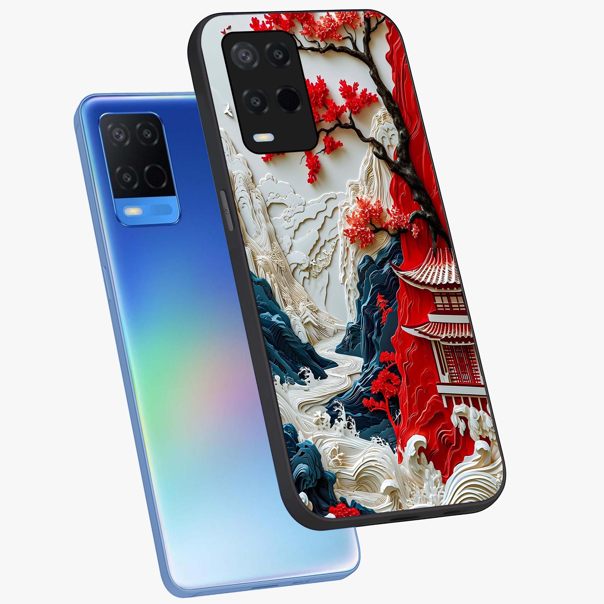 Whispers Of Sakura Waves Glass Case displayed in angled mockup highlighting flowing sakura design with soft floral aesthetic.