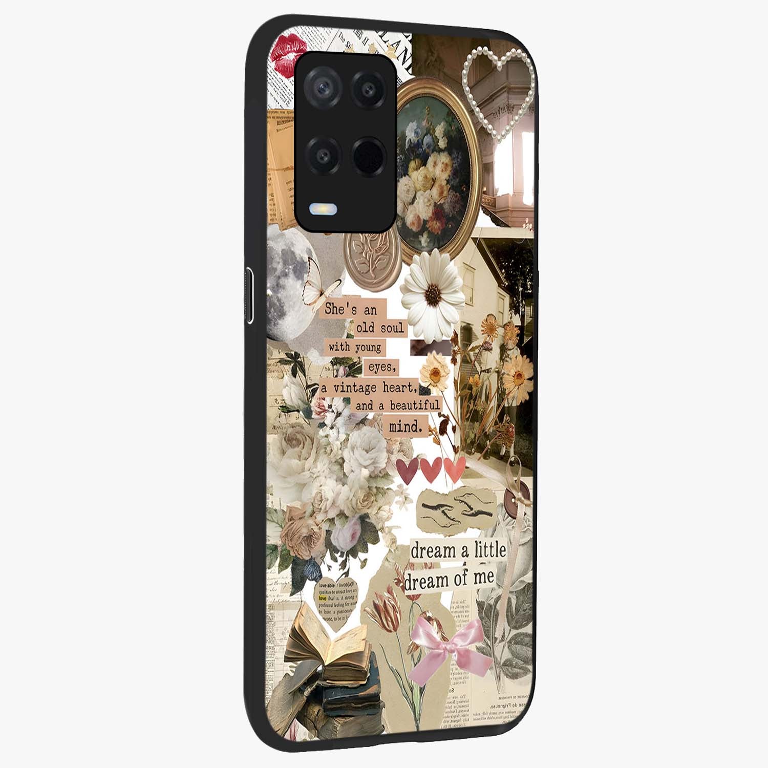 Aesthetic Brown Vintage Collage Glass Case upright view showcasing nostalgic retro artwork with stylish vintage theme.