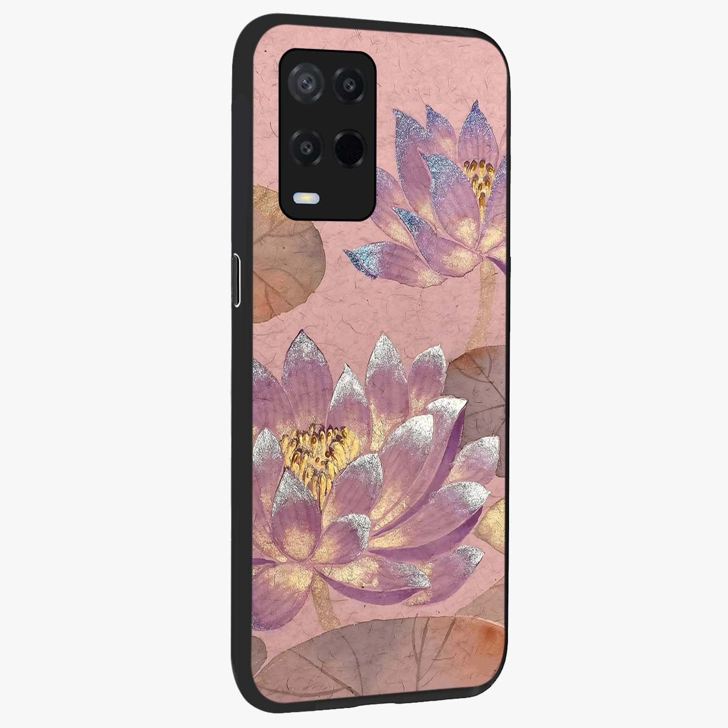 Blossom Mist Lotus Glass Case upright view showcasing graceful lotus flower design with peaceful botanical style.