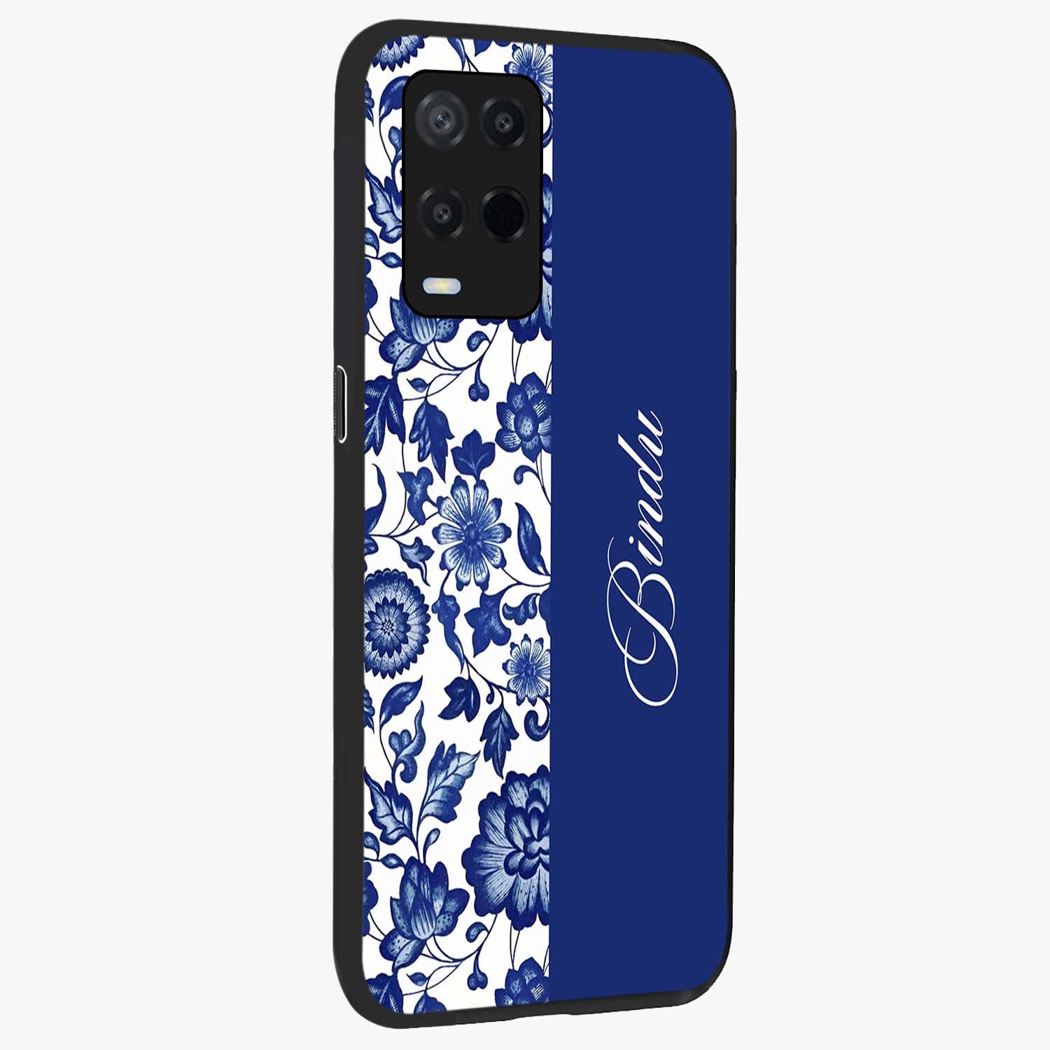 Blue Vintage Floral Pattern Glass Case upright view showcasing delicate blush floral texture with modern minimal style.