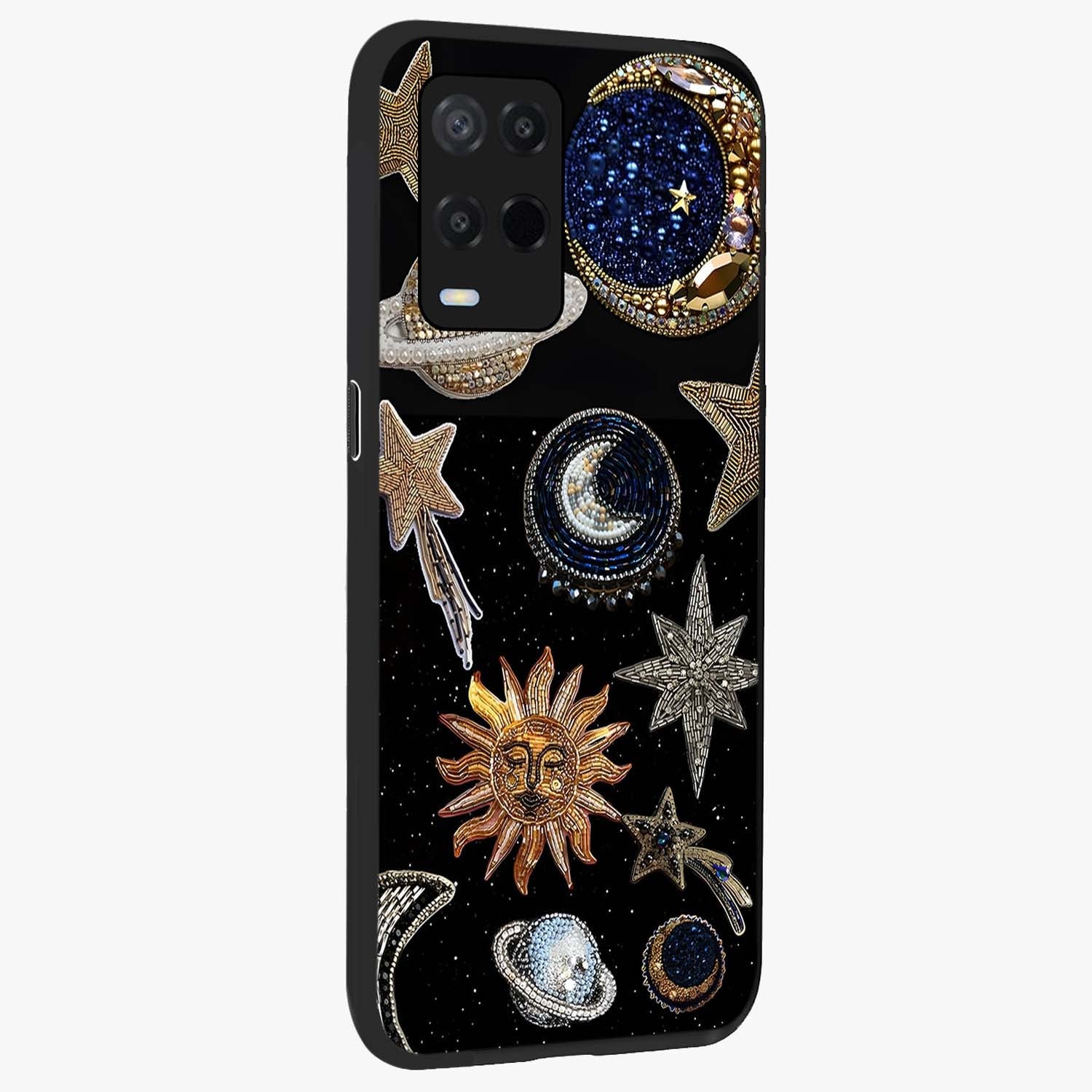 Celestial Gem Constellations Glass Case upright view showcasing cosmic constellation artwork with celestial aesthetic style.