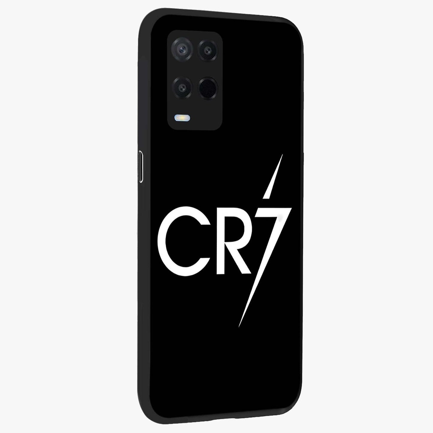 Cr7 Elite Strike Glass Case upright view showcasing energetic football inspired design with modern sports aesthetic.