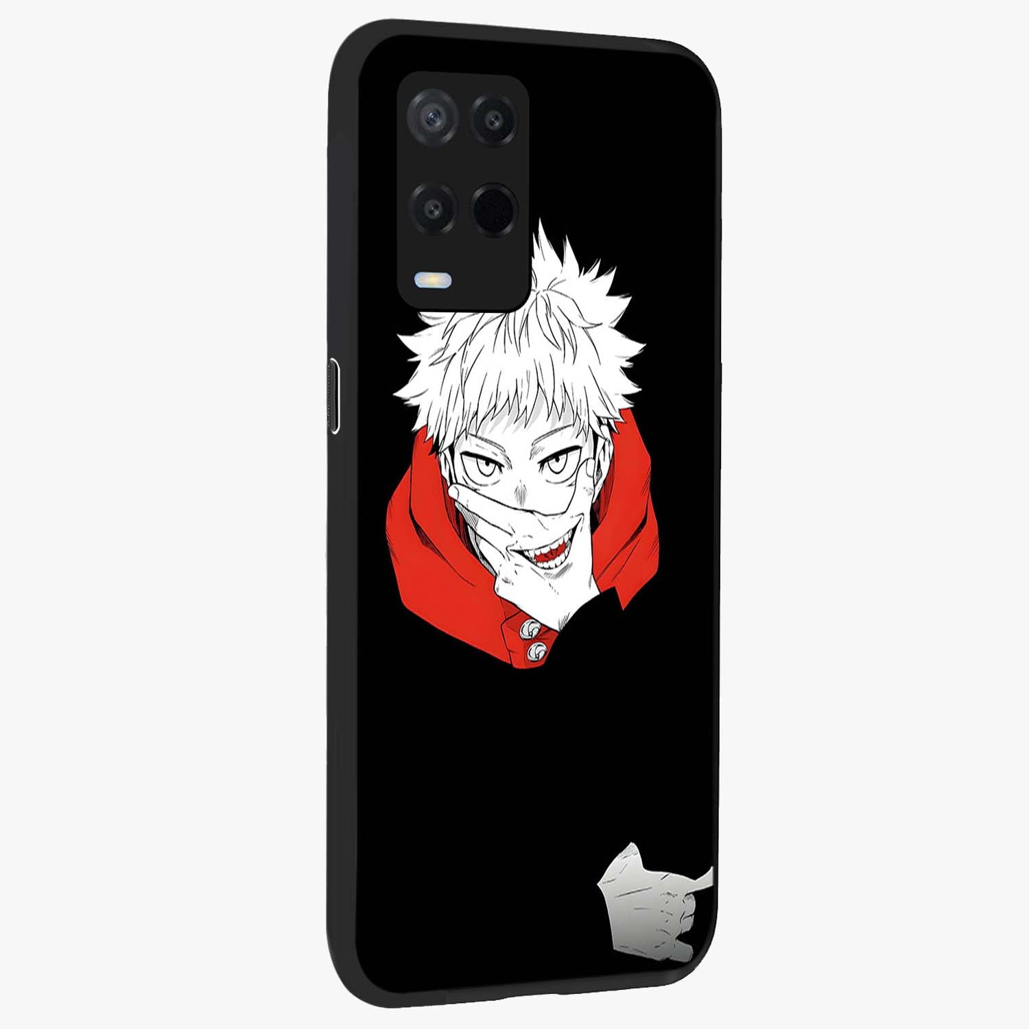 Crimson Chaos Smile Glass Case upright view showcasing expressive chaotic artwork with striking visual theme.