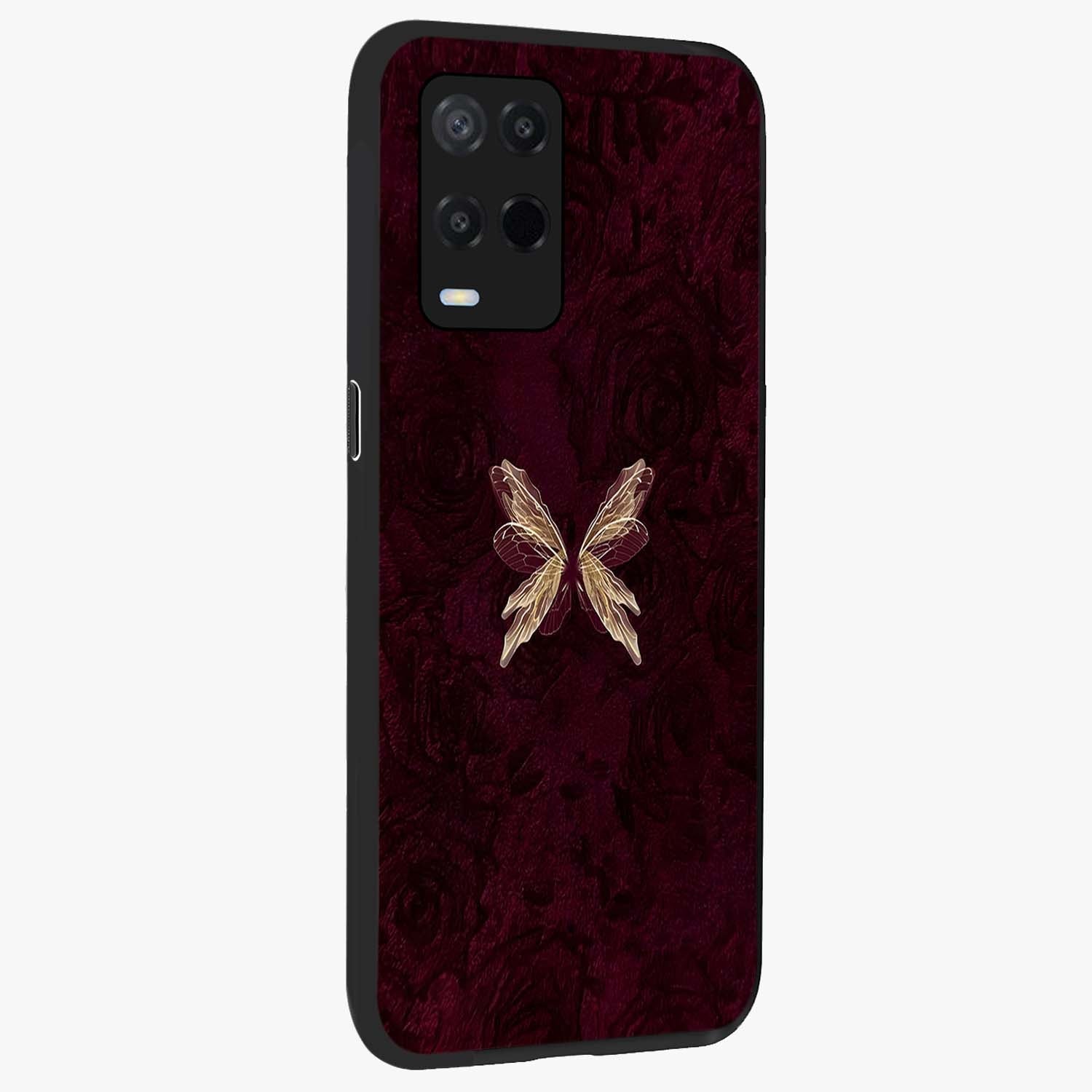 Crimson Fade Butterfly Glass Case upright view showcasing graceful butterfly artwork with soft crimson fade effect.