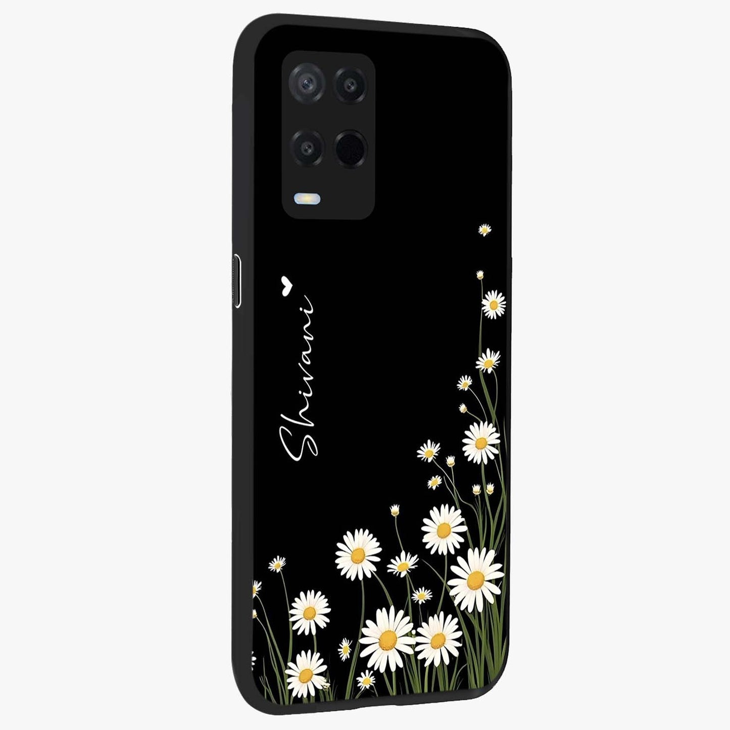 Daisy Cascade Custom Name Glass Case upright view showcasing elegant floral cascade design with personalized aesthetic.