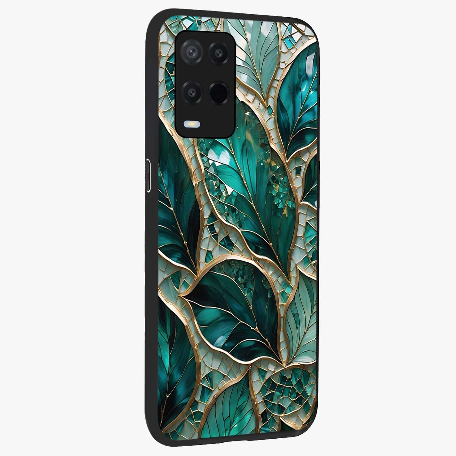 Emerald Leaf Glass Glass Case upright view showcasing fresh green leaf artwork with calming nature inspired style.
