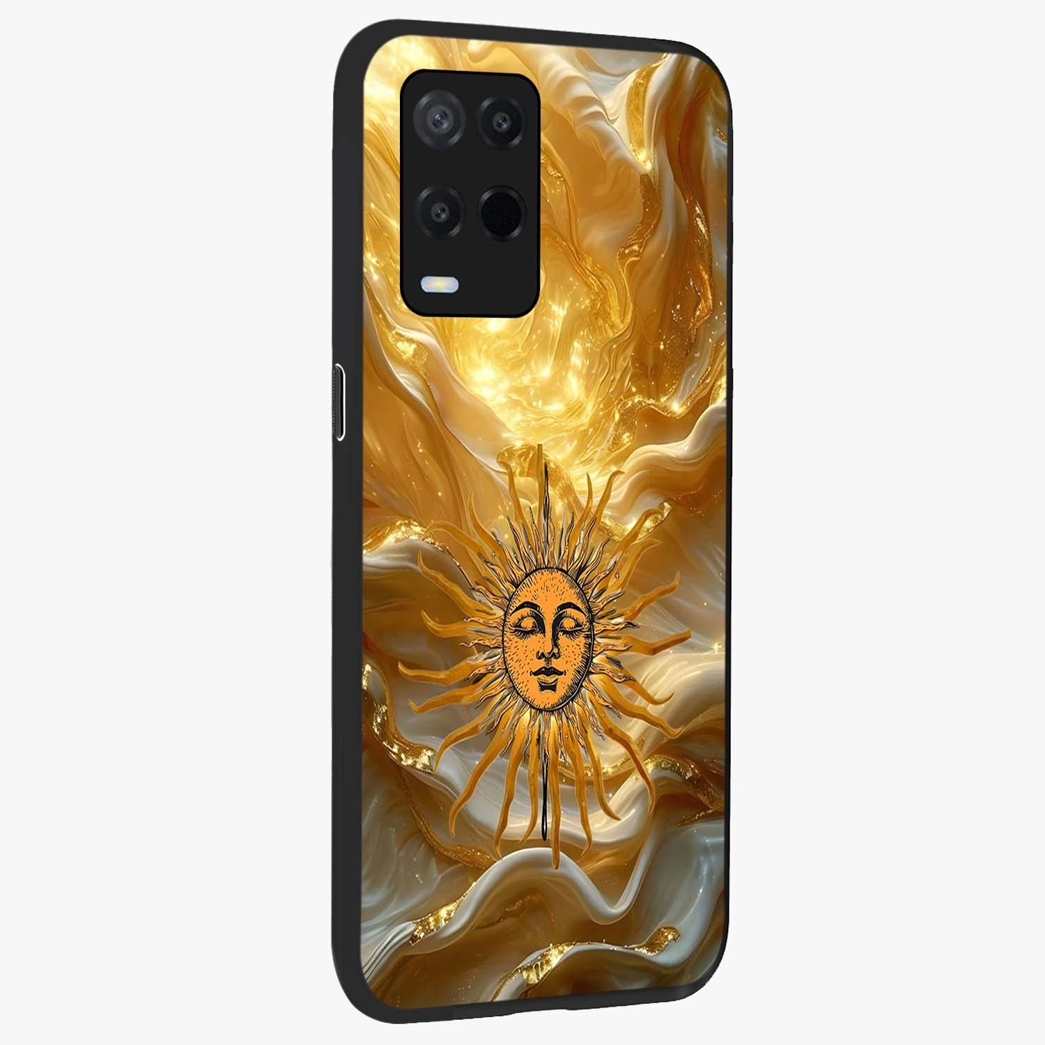 Eternal Golden Glow Glass Case upright view showcasing luminous golden artwork with luxurious visual theme.