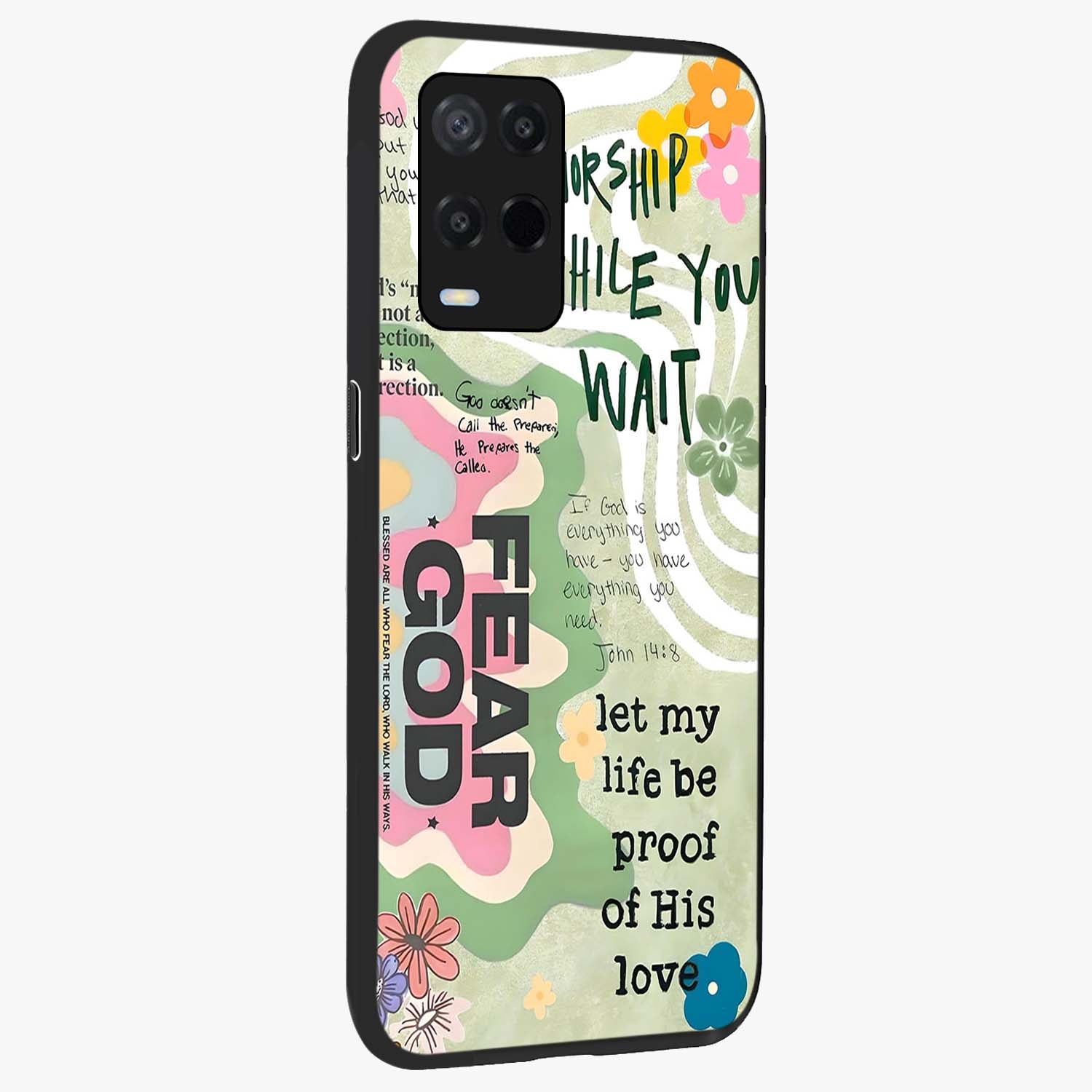 Faith Over Fear Glass Case upright view showcasing bold typography artwork with uplifting motivational theme.