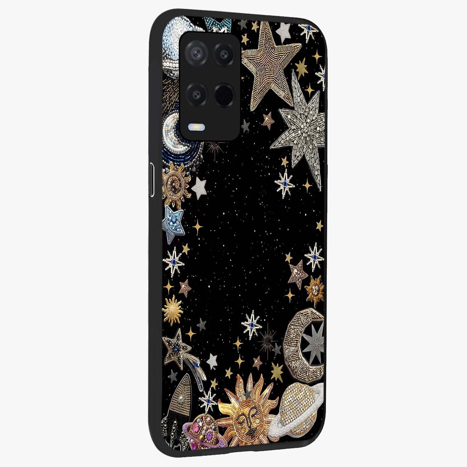 Galactic Jewel Stars Glass Case upright view showcasing glittering star jewel artwork with vibrant galaxy theme.
