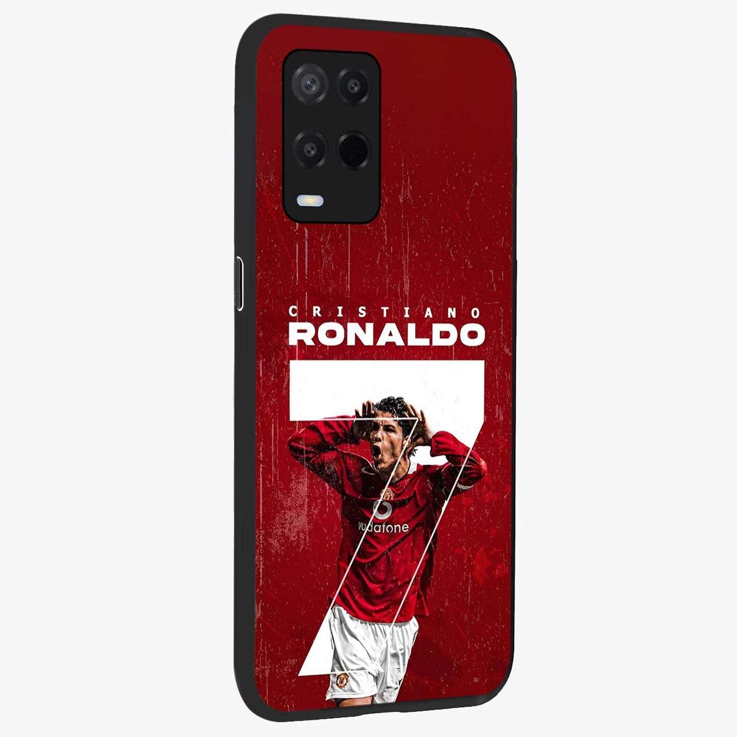 Goal Celebration Legacy Glass Case upright view showcasing dynamic football inspired artwork with victory celebration aesthetic.