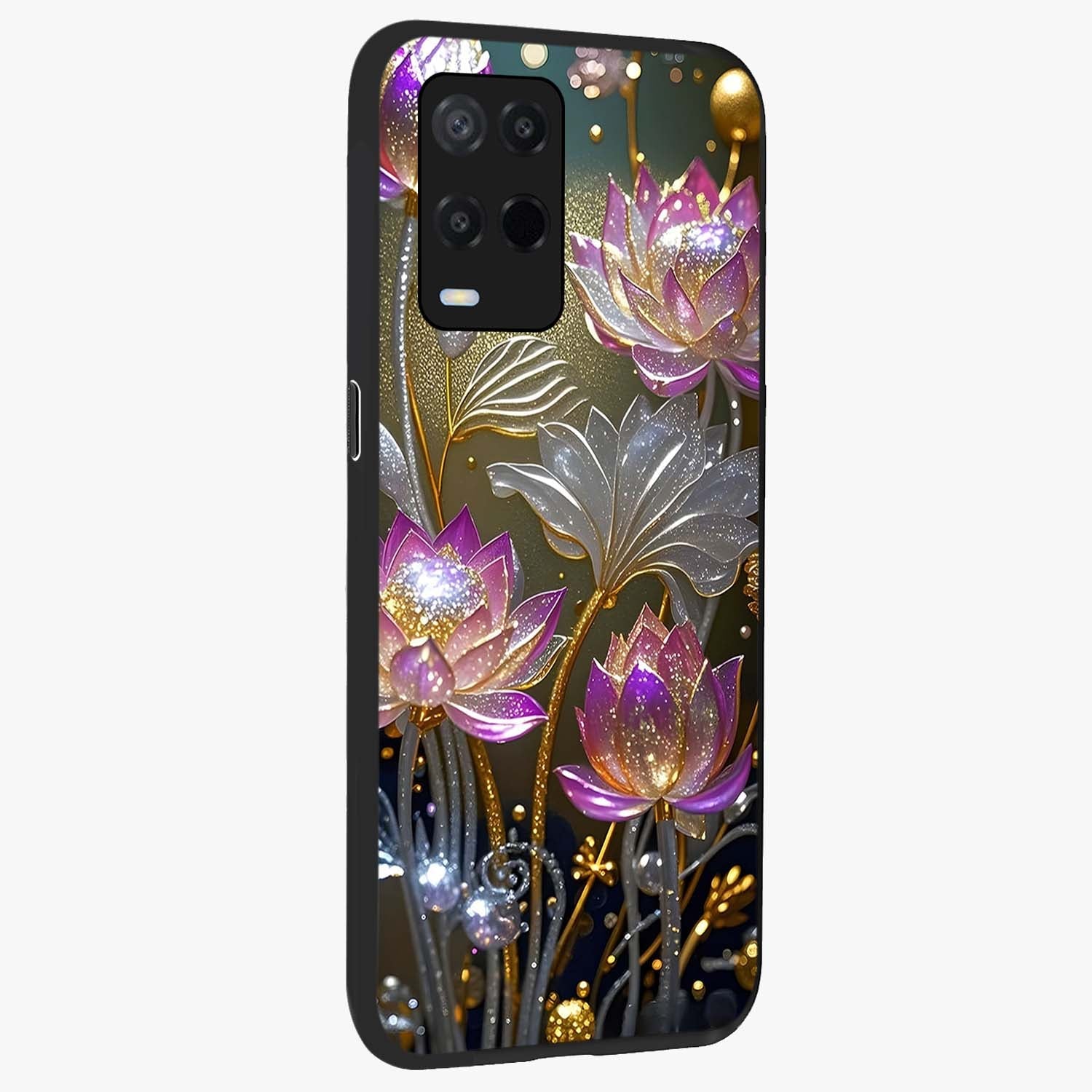 Golden Floral Majesty Glass Case upright view showcasing majestic floral artwork with rich decorative theme.