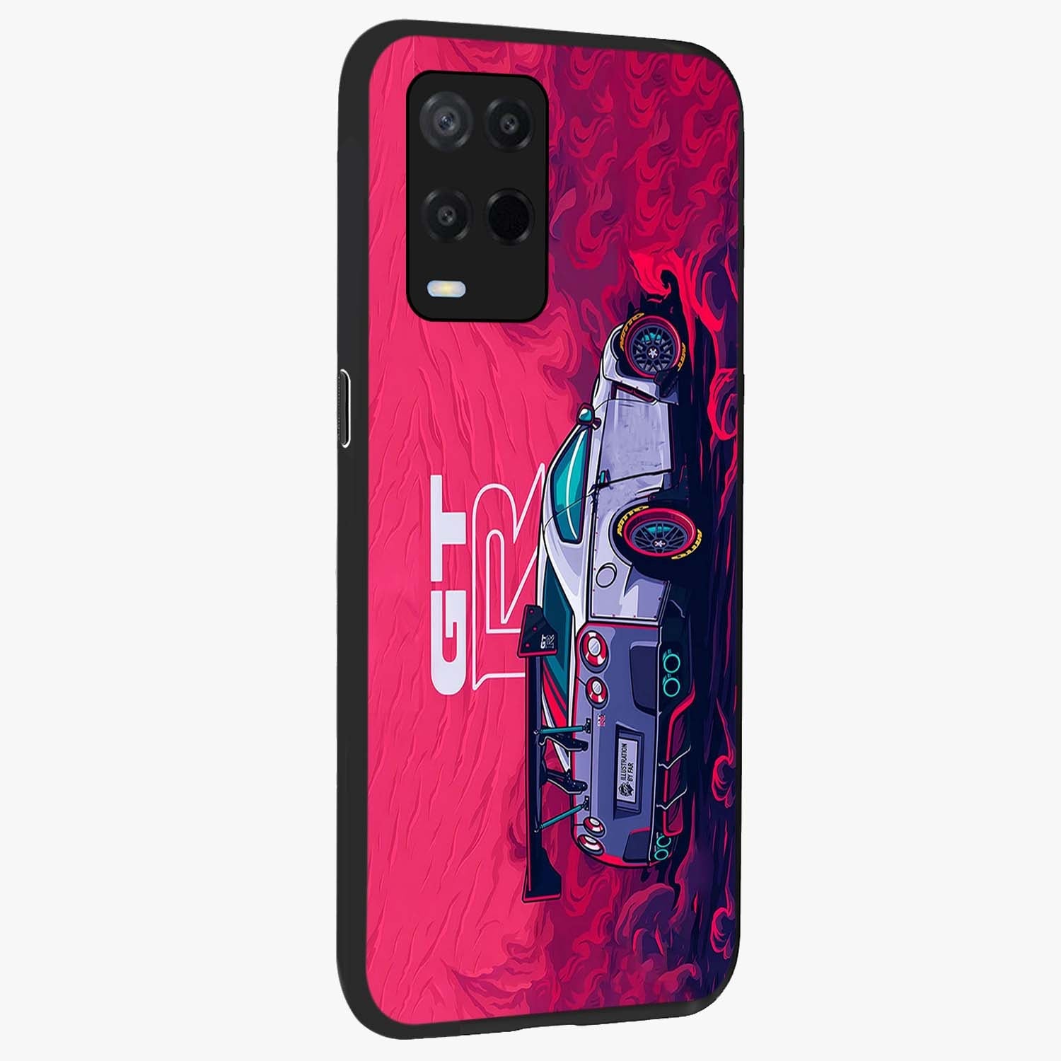 GT-R Car Pattern Glass Case upright view showcasing dynamic car pattern artwork with modern sports theme.