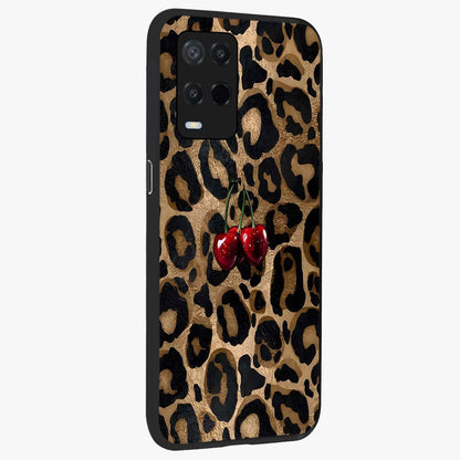 Leopard Wild Cherry Glass Case upright view showcasing stylish leopard pattern artwork with trendy fashion theme.