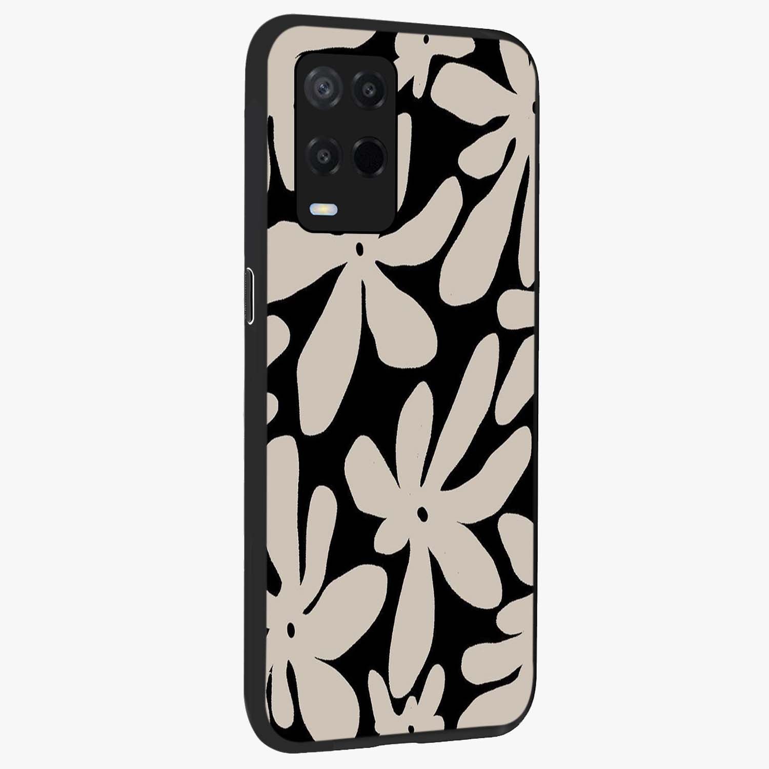 Monochrome Petal Dance Glass Case upright view showcasing artistic floral pattern with stylish monochrome theme.