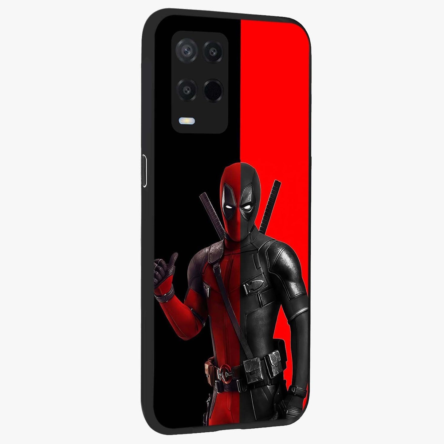 Red & Black Deadpool Theme Glass Case upright view showcasing energetic comic themed artwork with striking red and black design.