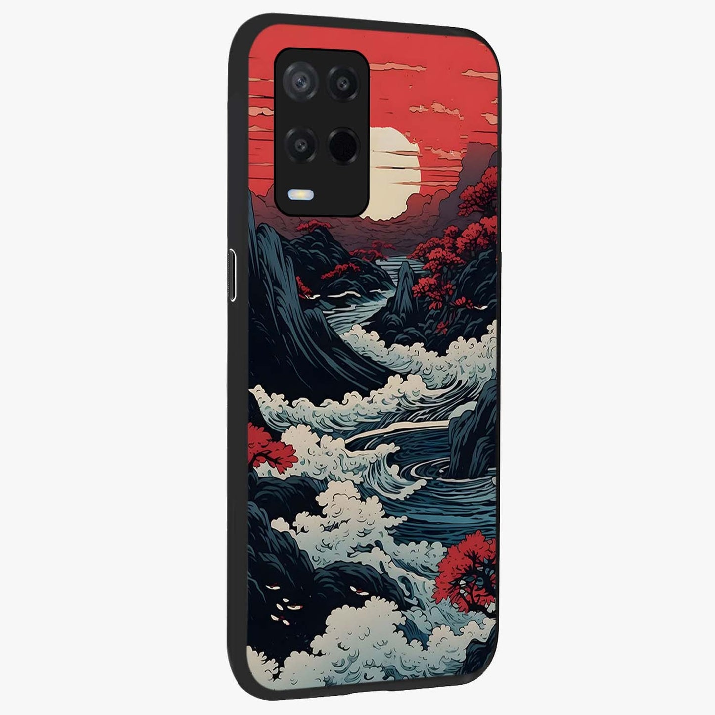 Red Sunset Scenery Glass Case upright view showcasing dramatic sunset scenery artwork with warm nature theme.