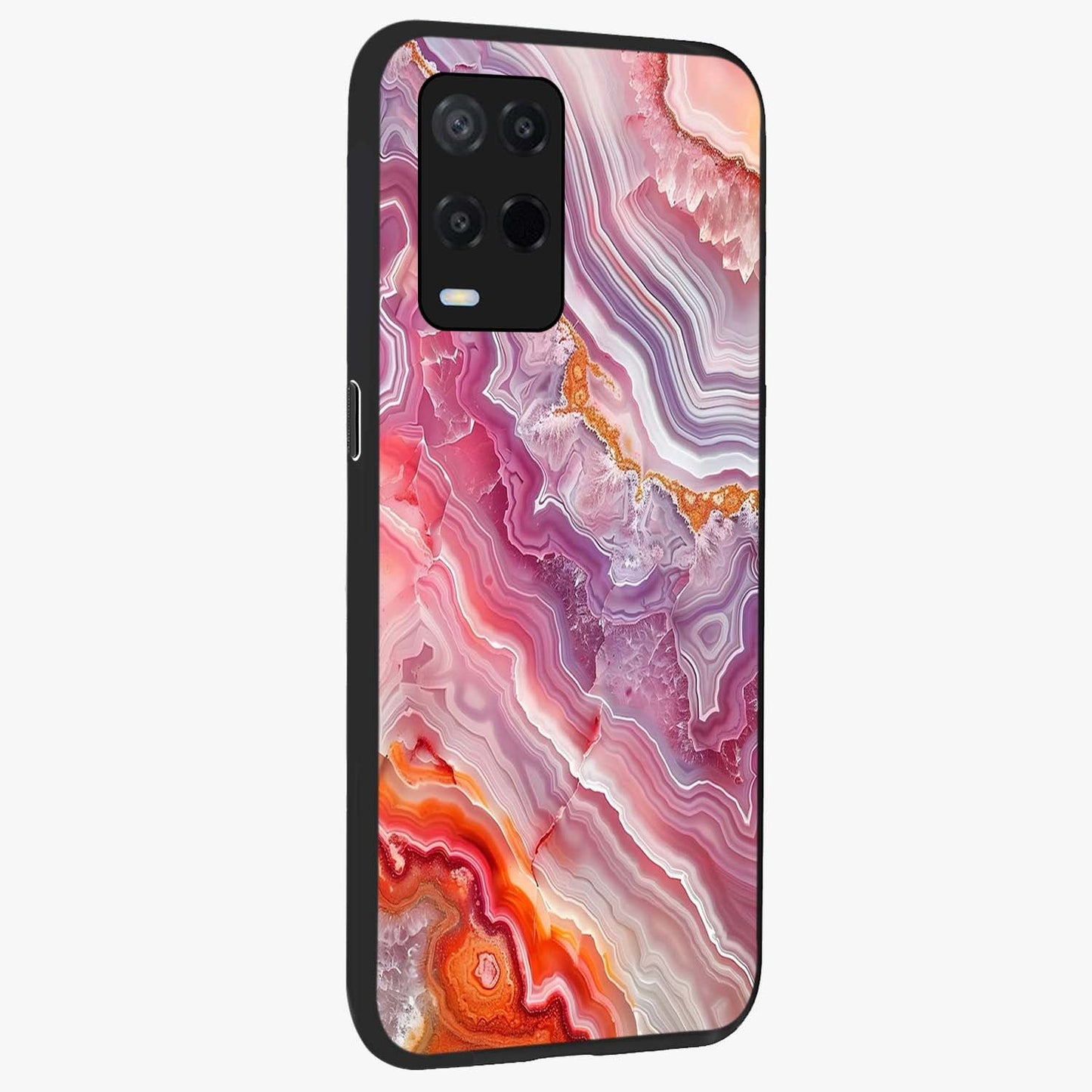 Rose Quartz Marble Glass Case upright view showcasing decorative marble artwork with luxurious pastel theme.