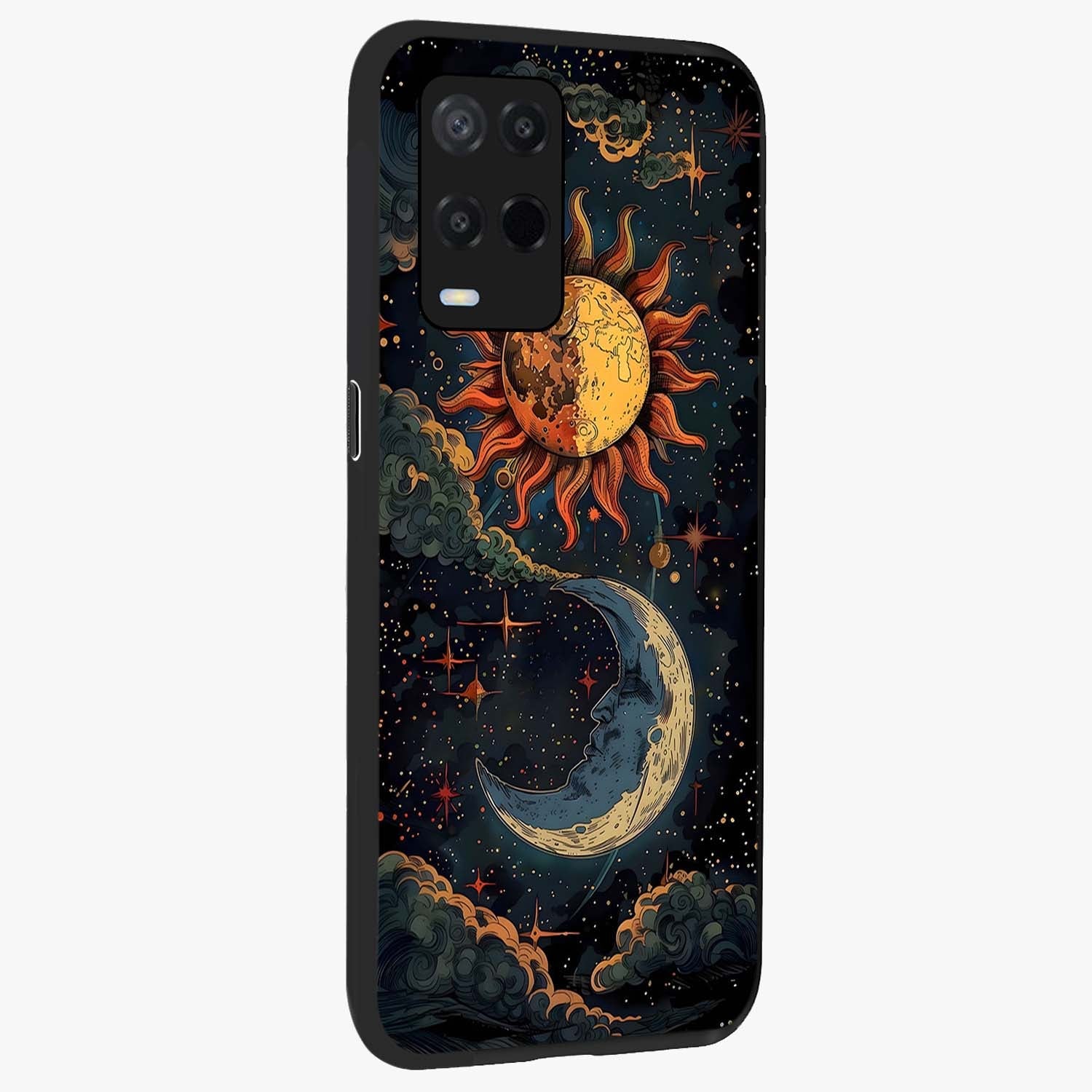 Sun And Moon Magic Design Glass Case upright view showcasing decorative sun and moon artwork with spiritual celestial theme.
