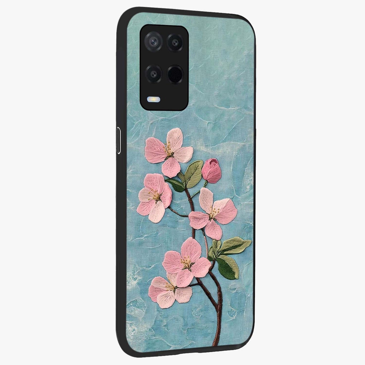 Threaded Blossom Breeze Glass Case upright view showcasing graceful flower artwork with calm botanical theme.