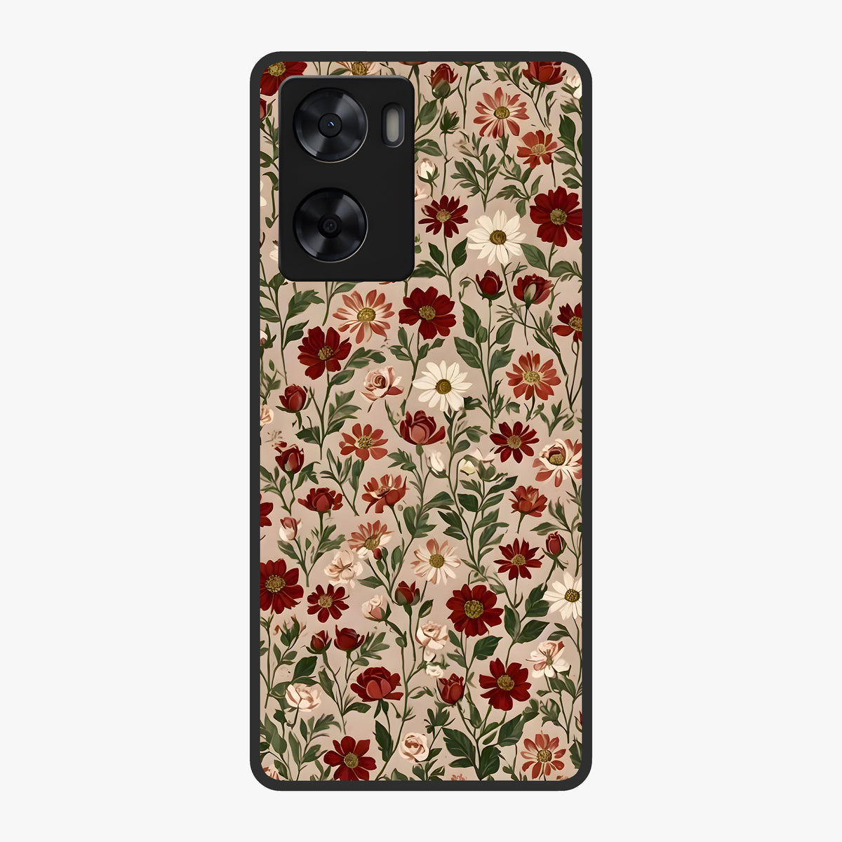 Biege Flower With Leaf Glass Case showing flat back view with soft beige floral artwork and glossy glass finish.