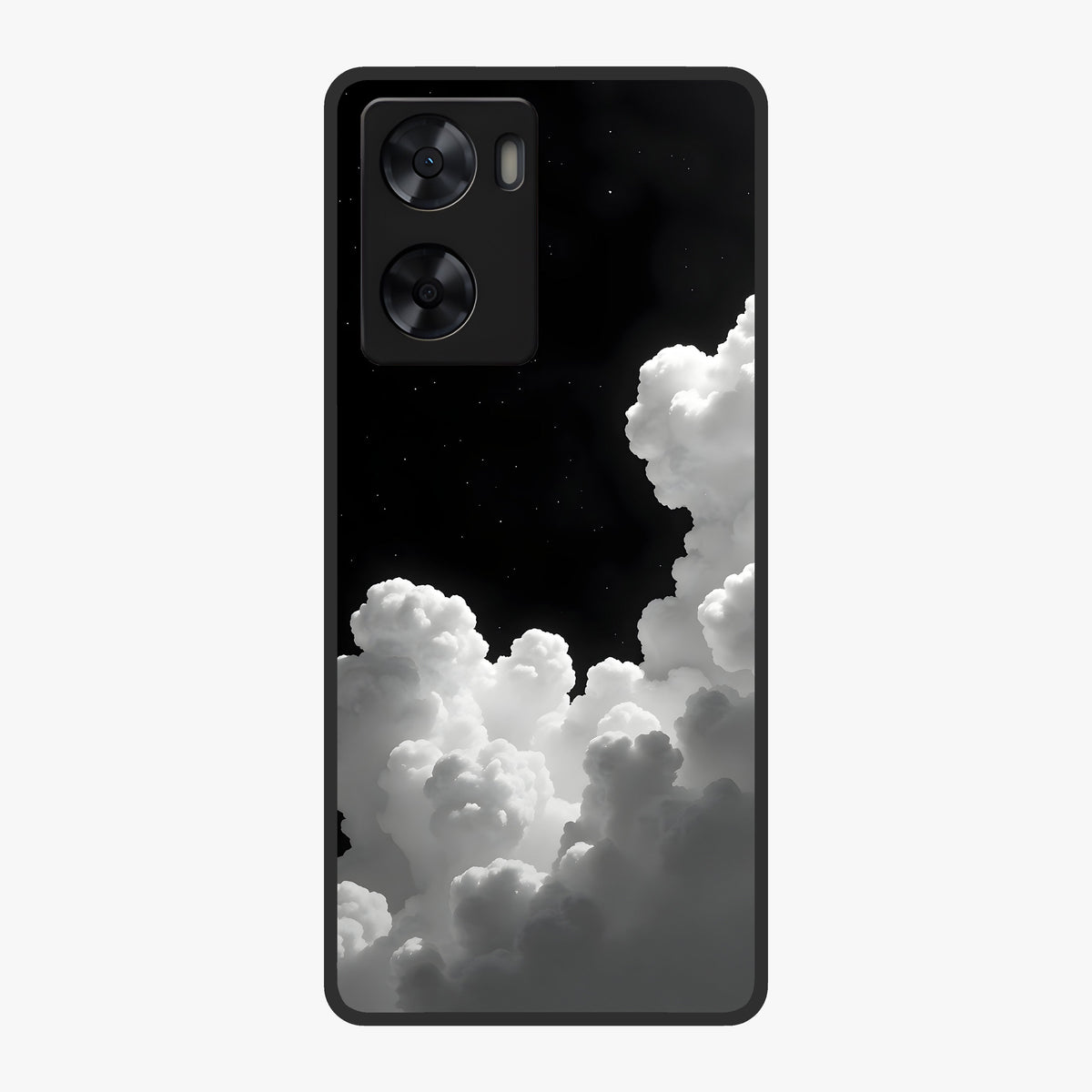Black Background With White Cloud Glass Case showing flat back view with minimal cloud artwork on dark background and glossy glass finish.