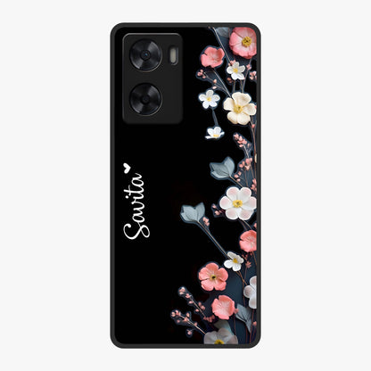 Black Elegance Floral Custom Name Glass Case showing flat back view with elegant floral artwork and personalized name design.