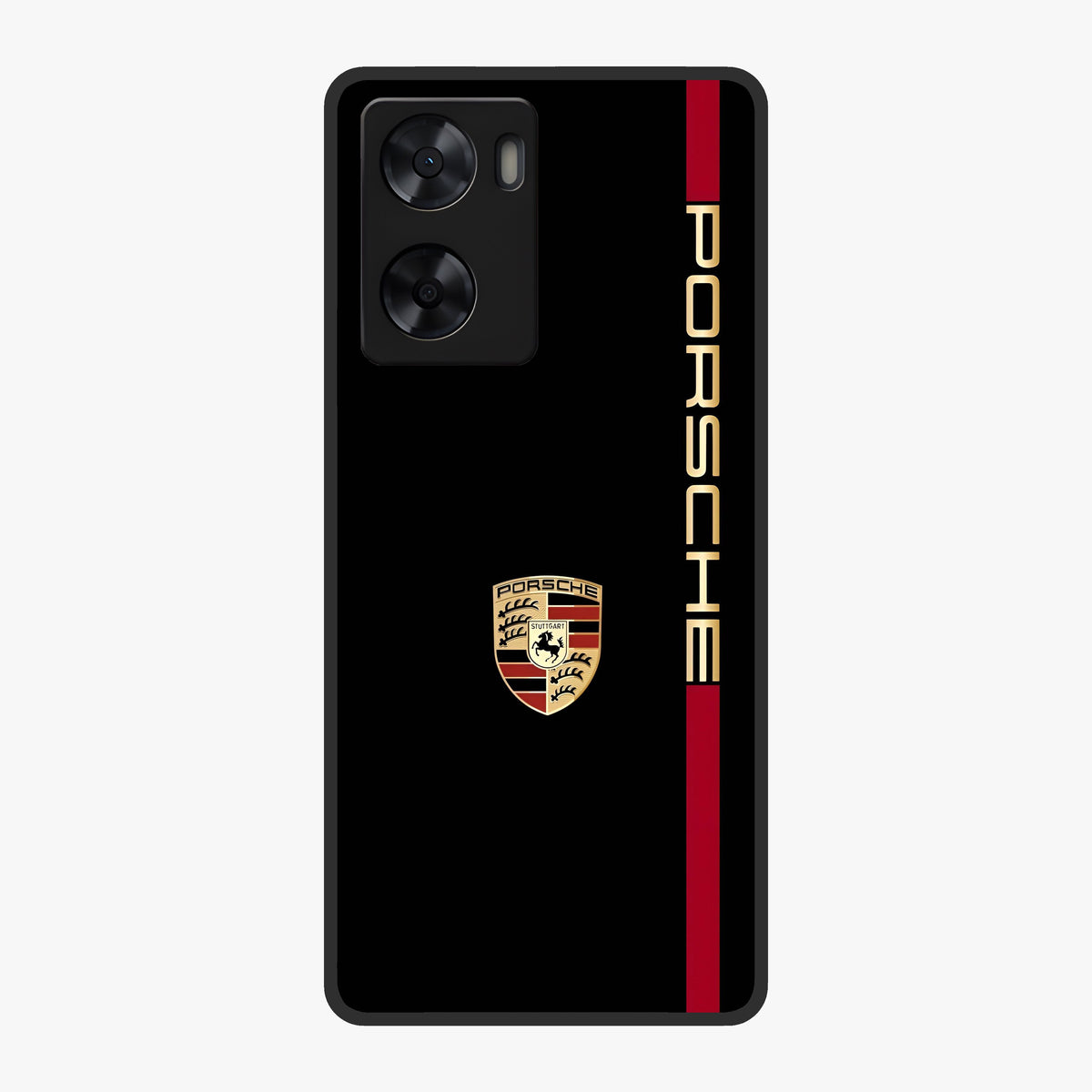 Black Minimal Porsche Glass Case showing flat back view with sleek minimal sports car artwork and glossy glass finish.