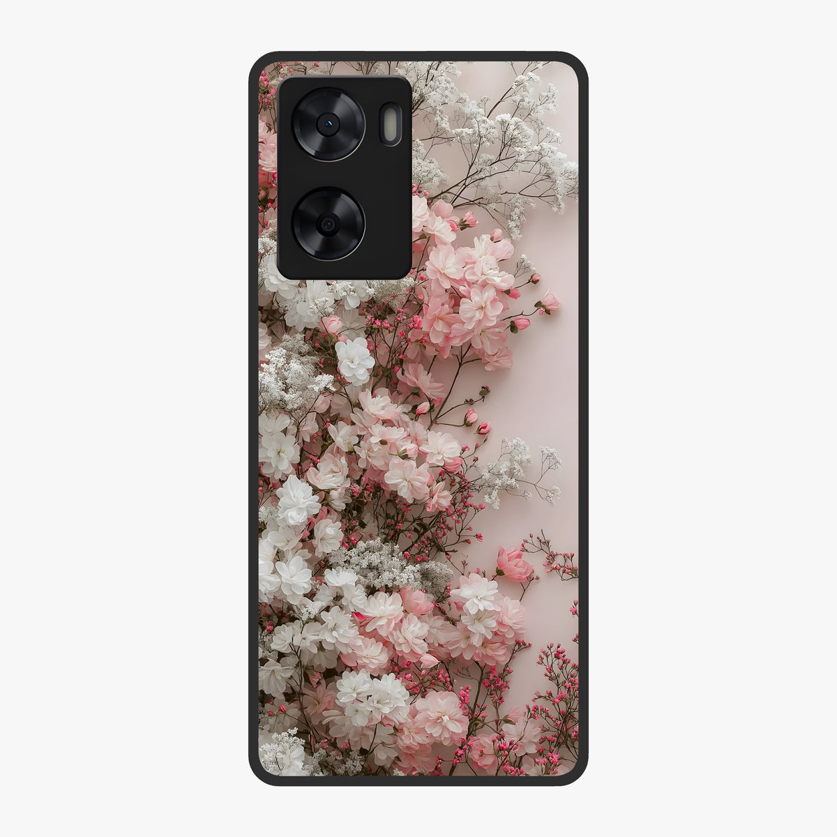 Blush Blossom Cloud Glass Case showing flat back view with dreamy blush cloud blossom artwork and glossy glass finish.