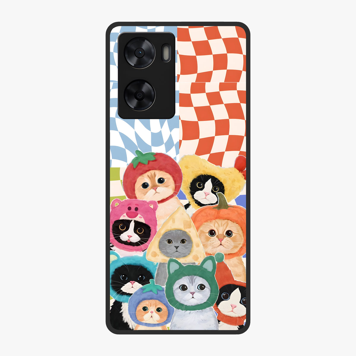 Cats in Fruits Glass Case showing flat back view with playful cat illustrations inside fruit artwork and glossy glass finish.