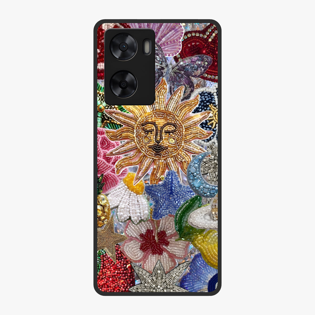Celestial Floral and Playful Glass Case showing flat back view with floral and celestial themed artwork and glossy glass finish.