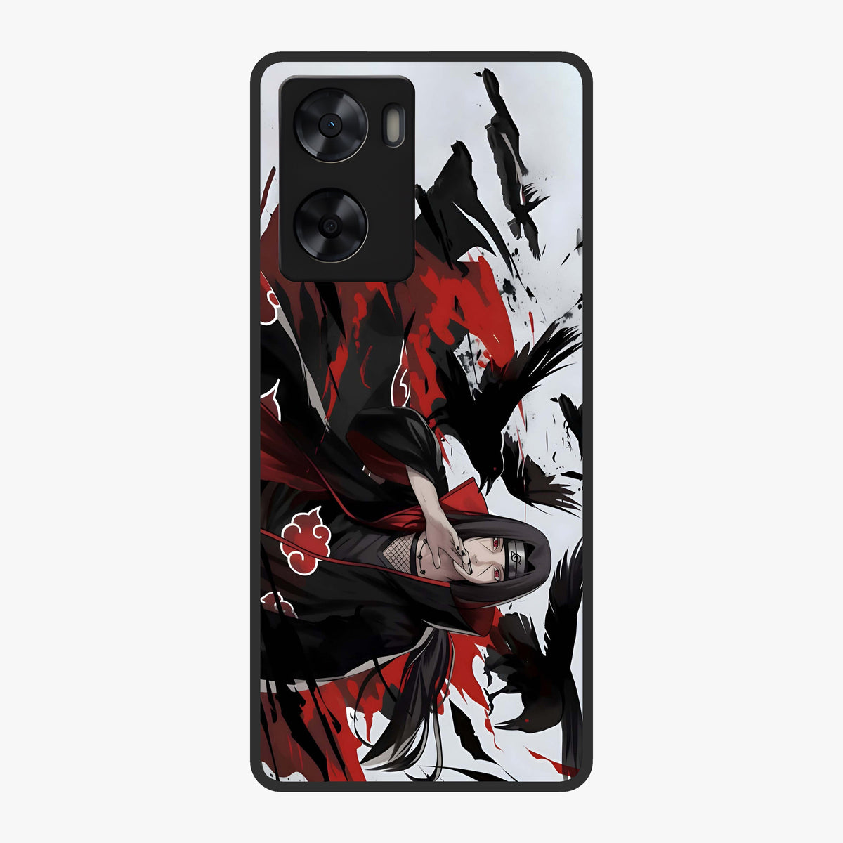 Crimson Crow Illusion Glass Case showing flat back view with artistic crow illusion artwork and glossy glass finish.