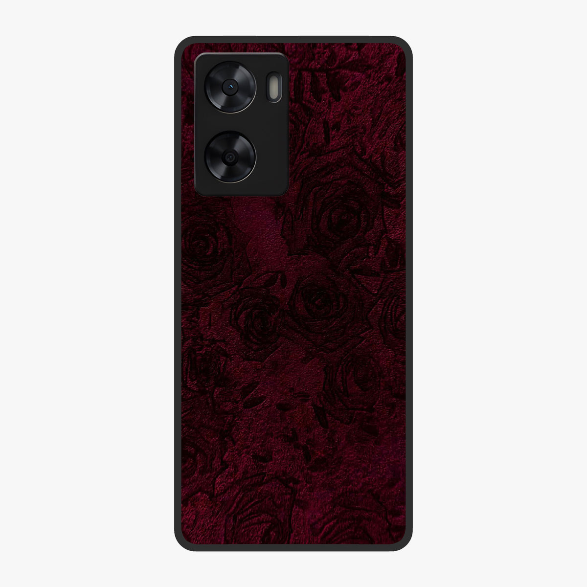 Crimson Fade Flow Glass Case showing flat back view with flowing crimson gradient artwork and glossy glass finish.