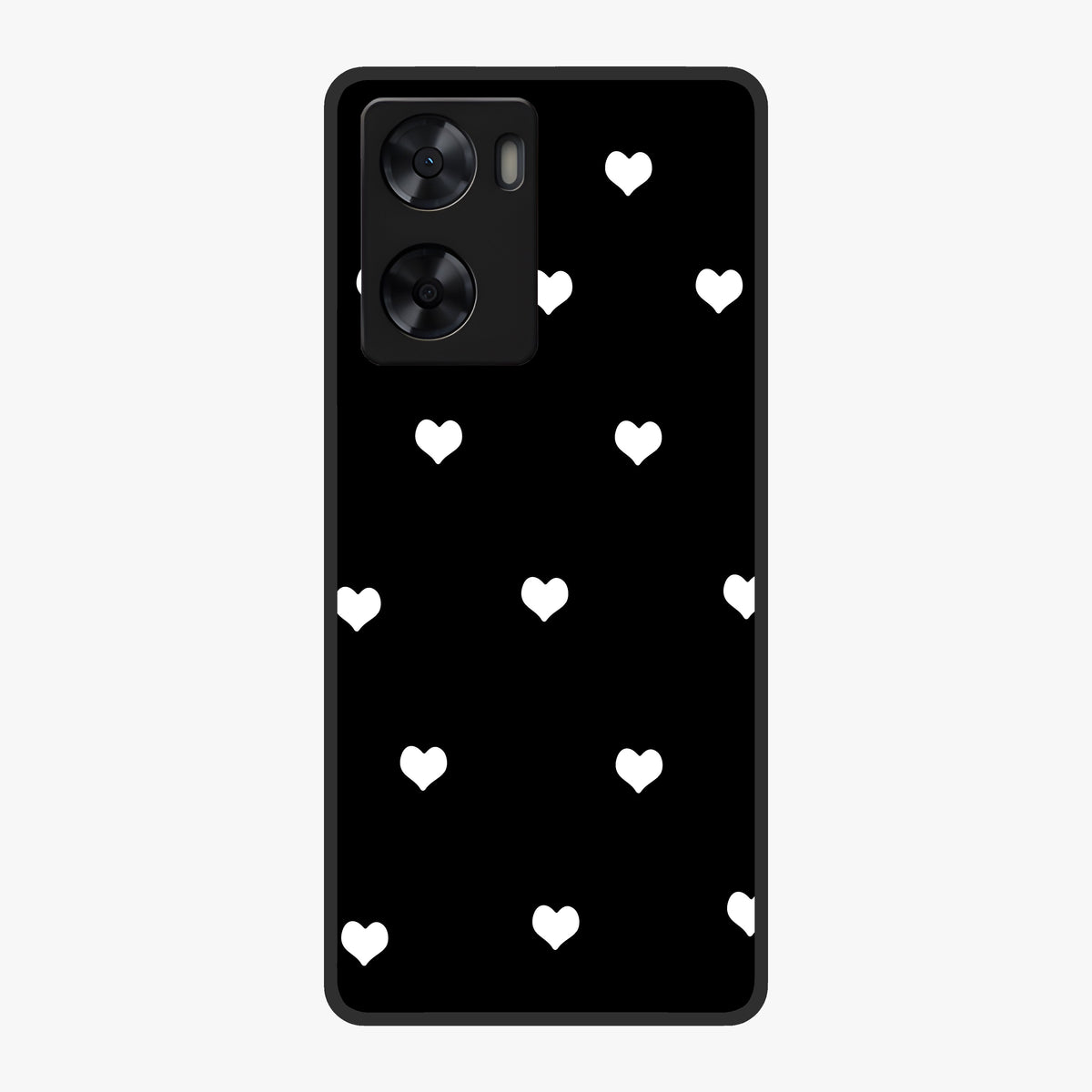 Cute And Simple White Hearts Glass Case showing flat back view with minimal white heart pattern and glossy glass finish.