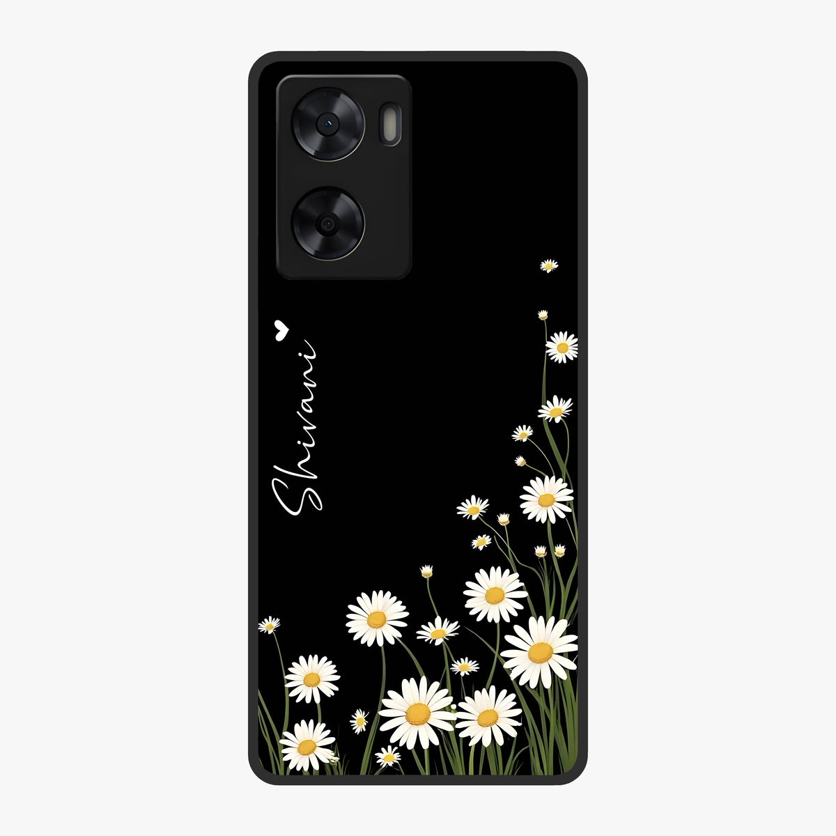 Daisy Cascade Custom Name Glass Case showing flat back view with cascading daisy flowers and personalized name design.