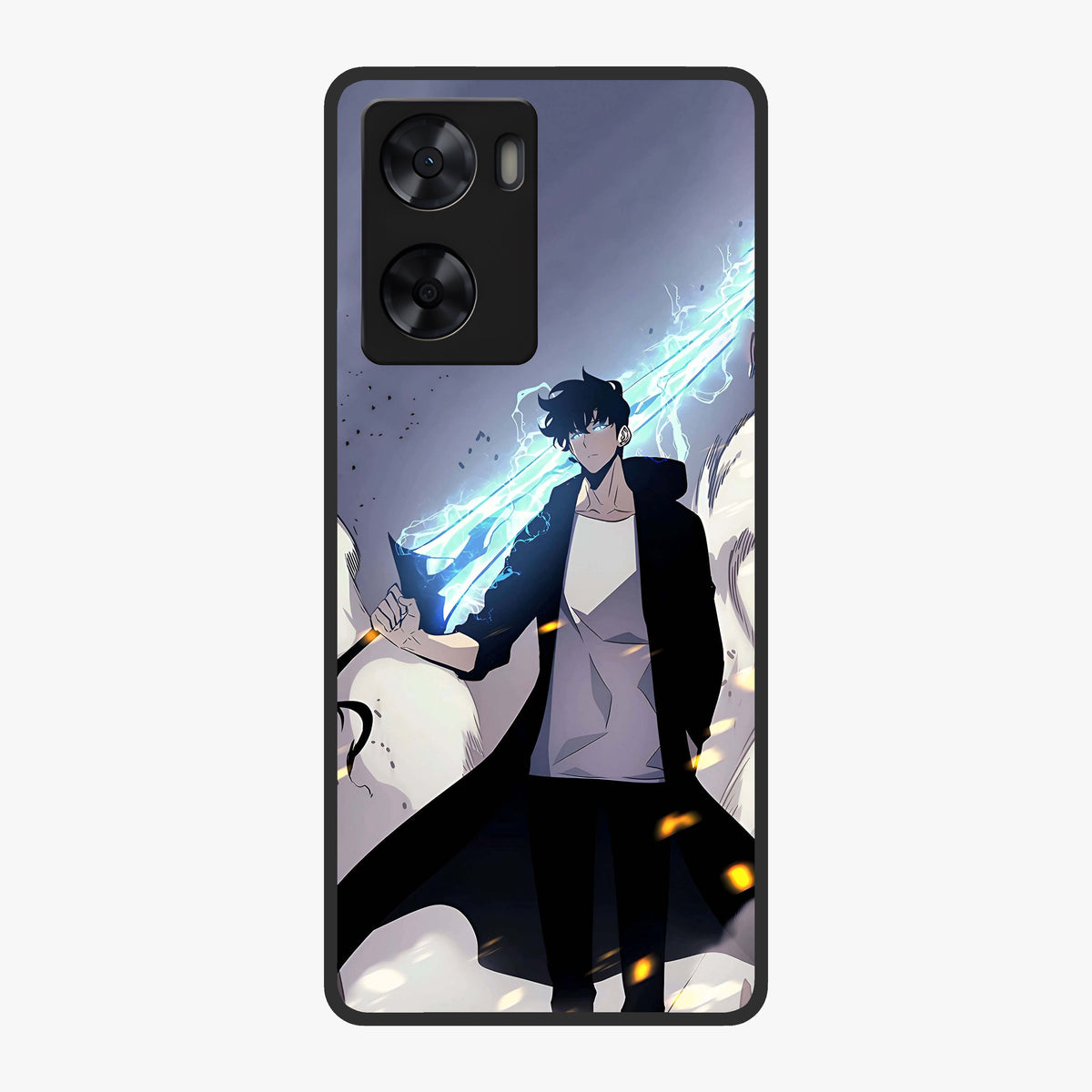 Dark Lightning Anime Warrior Glass Case showing flat back view with intense anime warrior artwork and glossy glass finish.