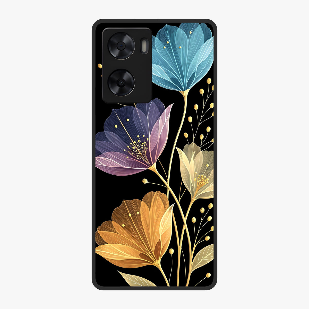Delicate Multicolor Flowers Glass Case showing flat back view with vibrant floral artwork and glossy glass finish.