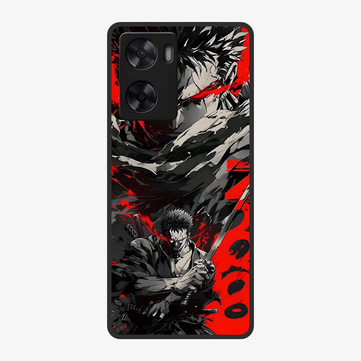 Demon Sword Resolve Glass Case showing flat back view with fierce sword warrior artwork and glossy glass finish.