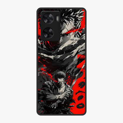 Demon Sword Resolve Glass Case showing flat back view with fierce sword warrior artwork and glossy glass finish.