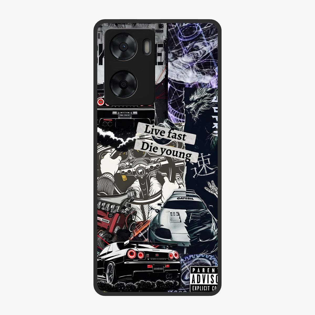 Die Young Glass Case showing flat back view with bold artistic typography design and glossy glass finish.